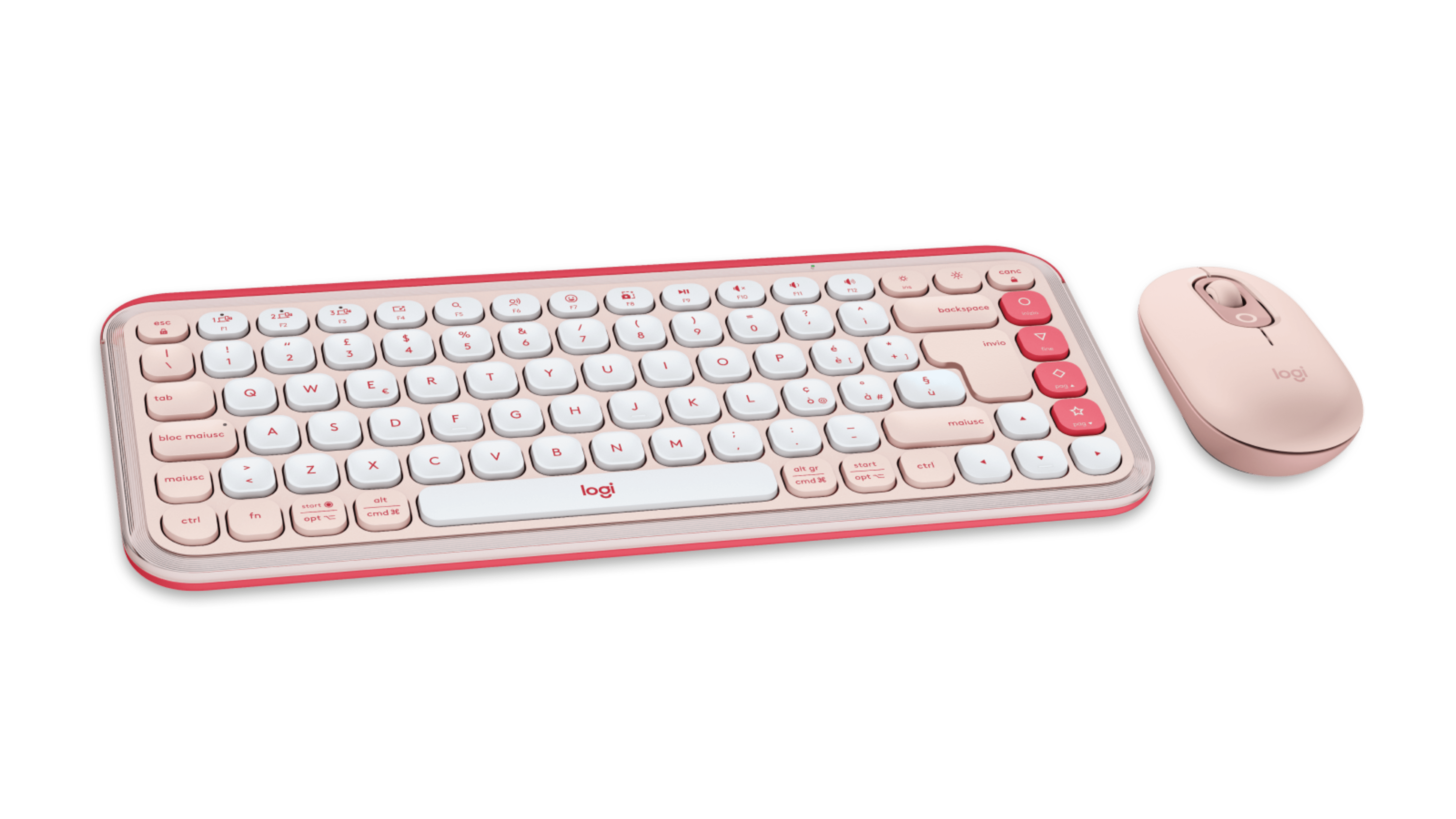 Zestaw klawiatury i myszy w kolorze różowym na czarnym tle. Klawiatura ma białe klawisze.