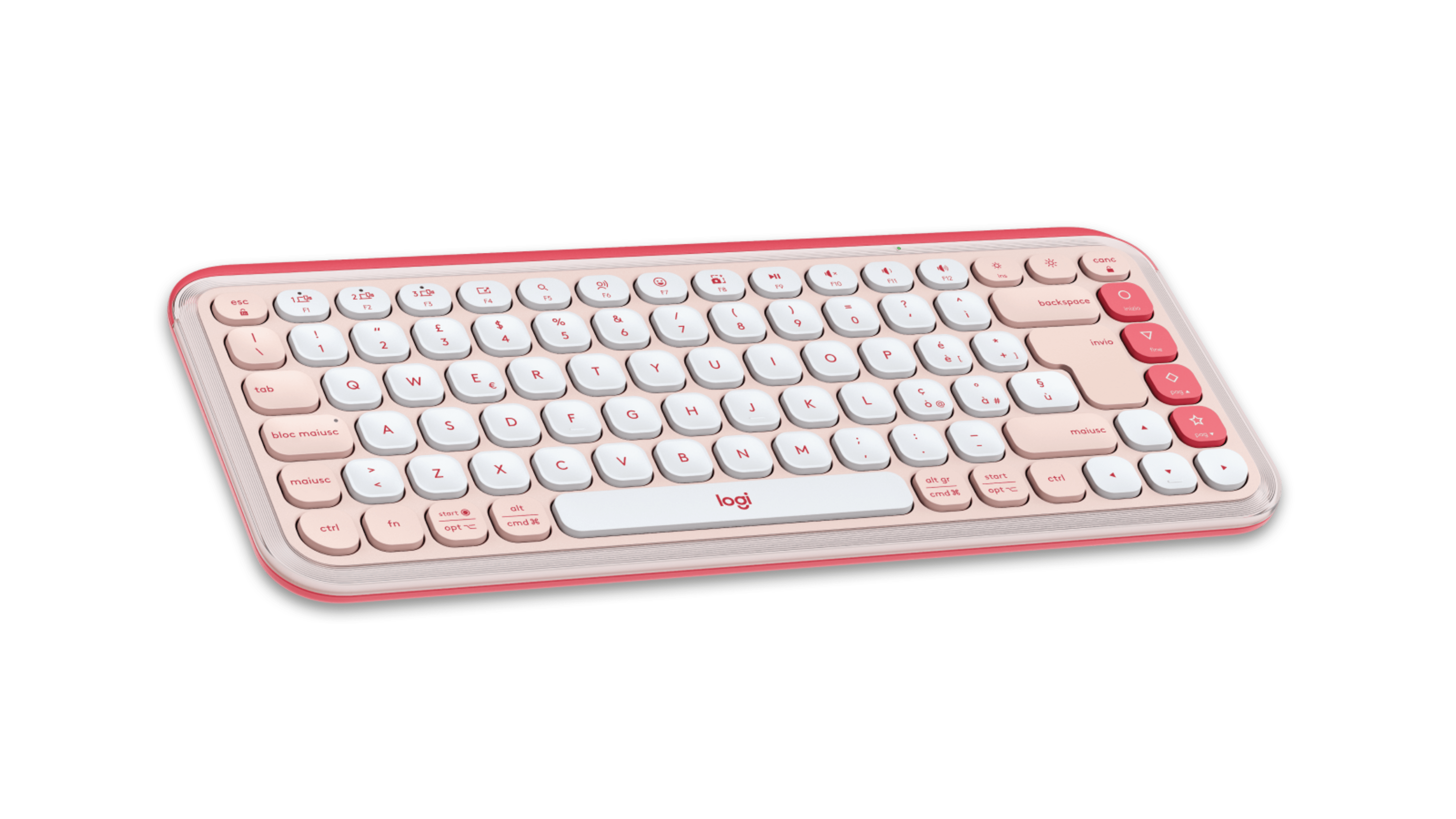 Różowo-biała klawiatura bezprzewodowa z okrągłymi klawiszami, zaokrąglonymi rogami i czarnym tłem.