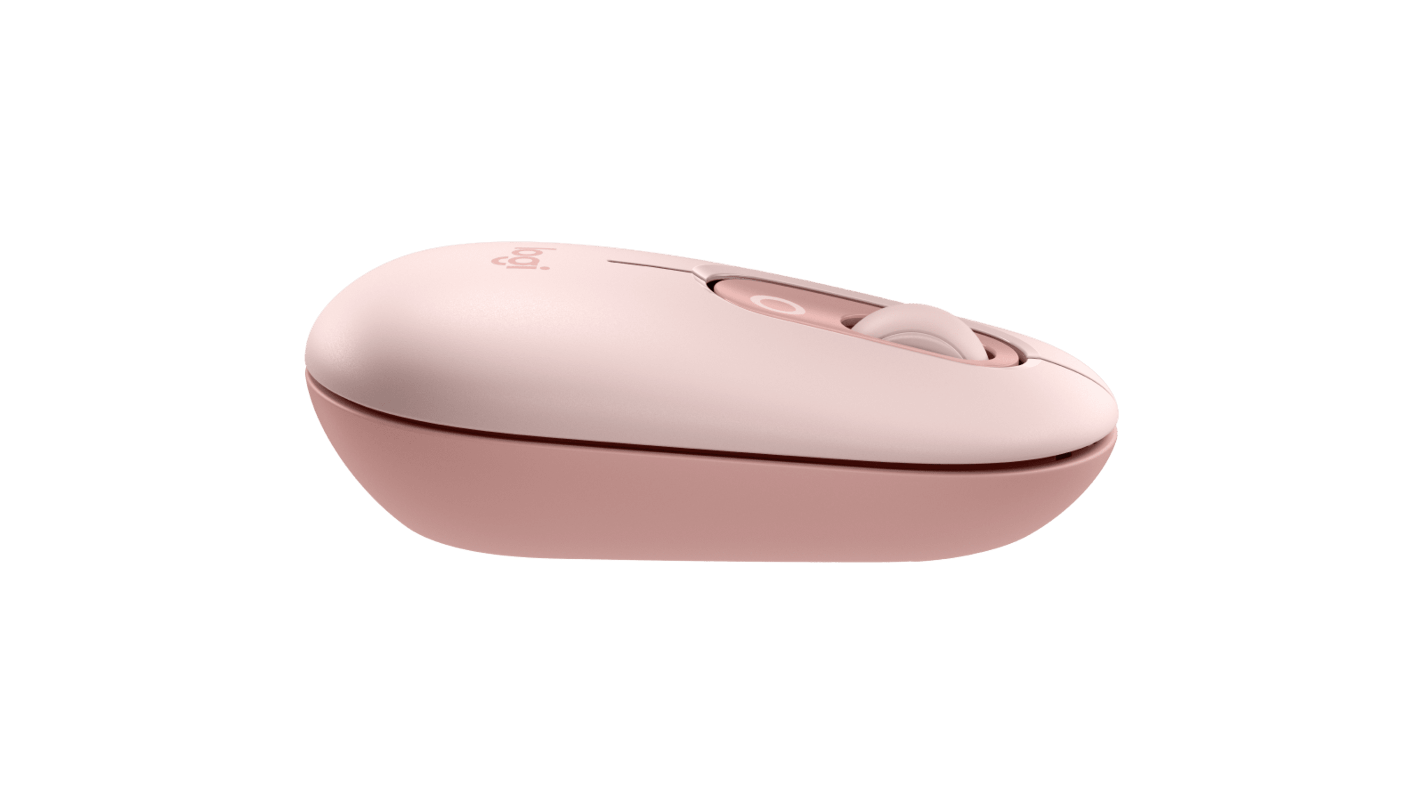 Różowa bezprzewodowa mysz Logitech. Ma kółko przewijania i dwa przyciski. Tło jest czarne.