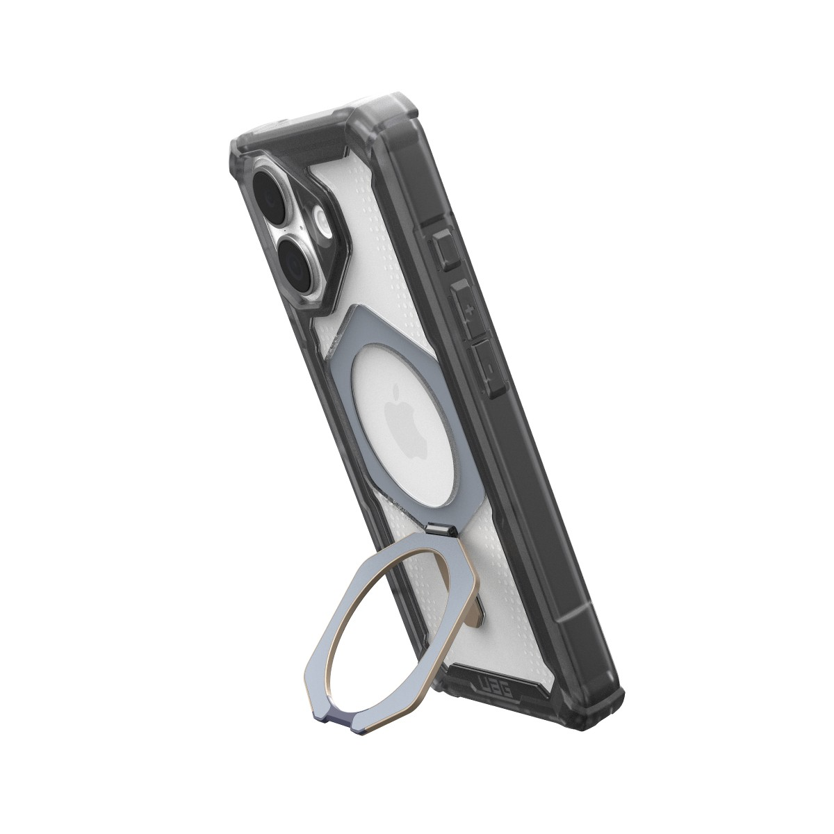 Custodia per telefono nera con supporto ad anello. Ha un retro trasparente e un supporto ad anello grigio. Il logo Apple è visibile.