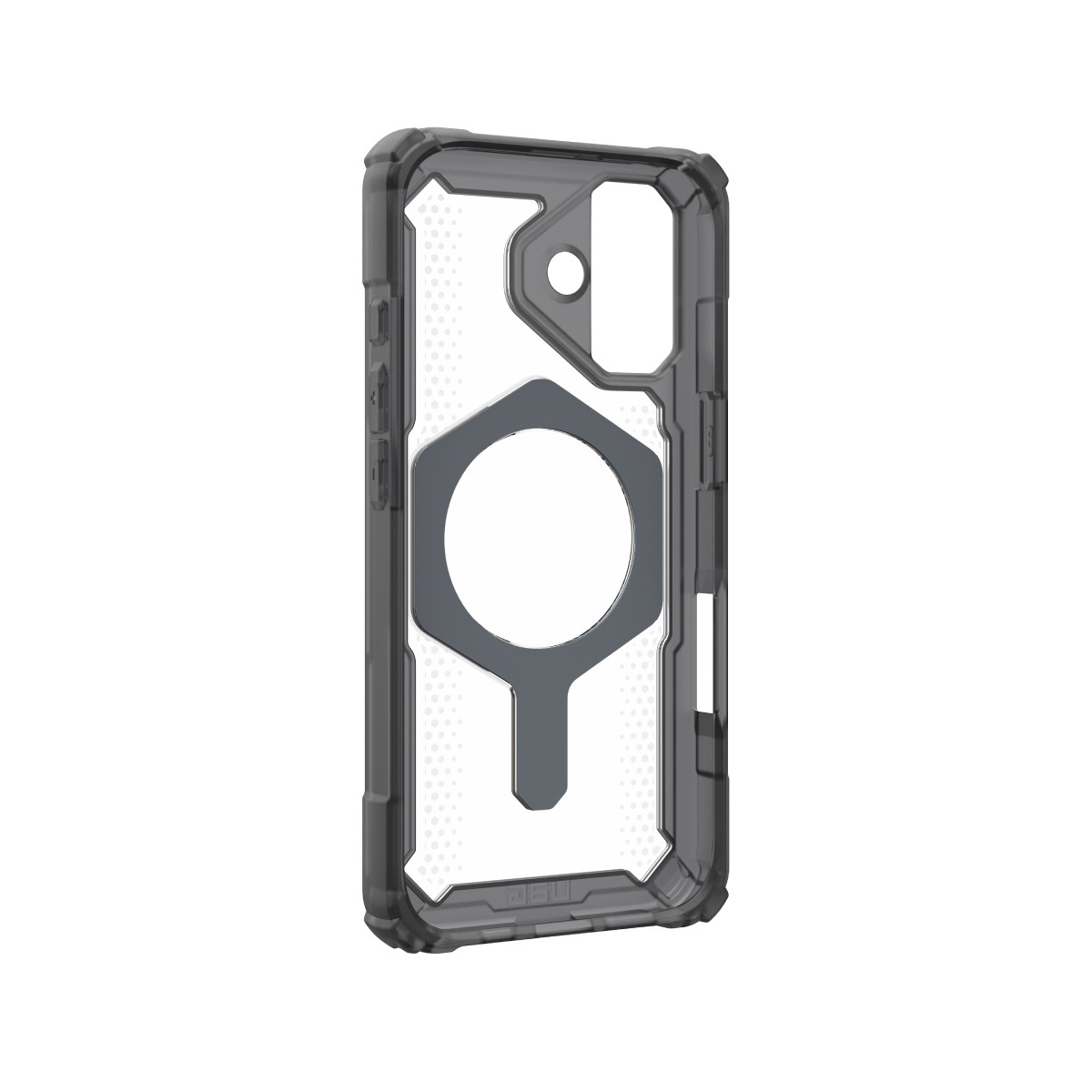 Una custodia trasparente per telefono con cornice grigia e un ritaglio circolare per un caricatore magnetico. Lo sfondo è bianco.