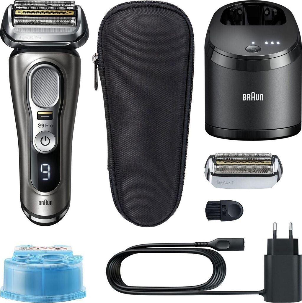 Ein elektrisches Rasierer-Set Braun Series 9 Pro. Enthält Rasierer, Etui, Ladegerät, Reinigungsstation, Bürste und Ersatzkopf.