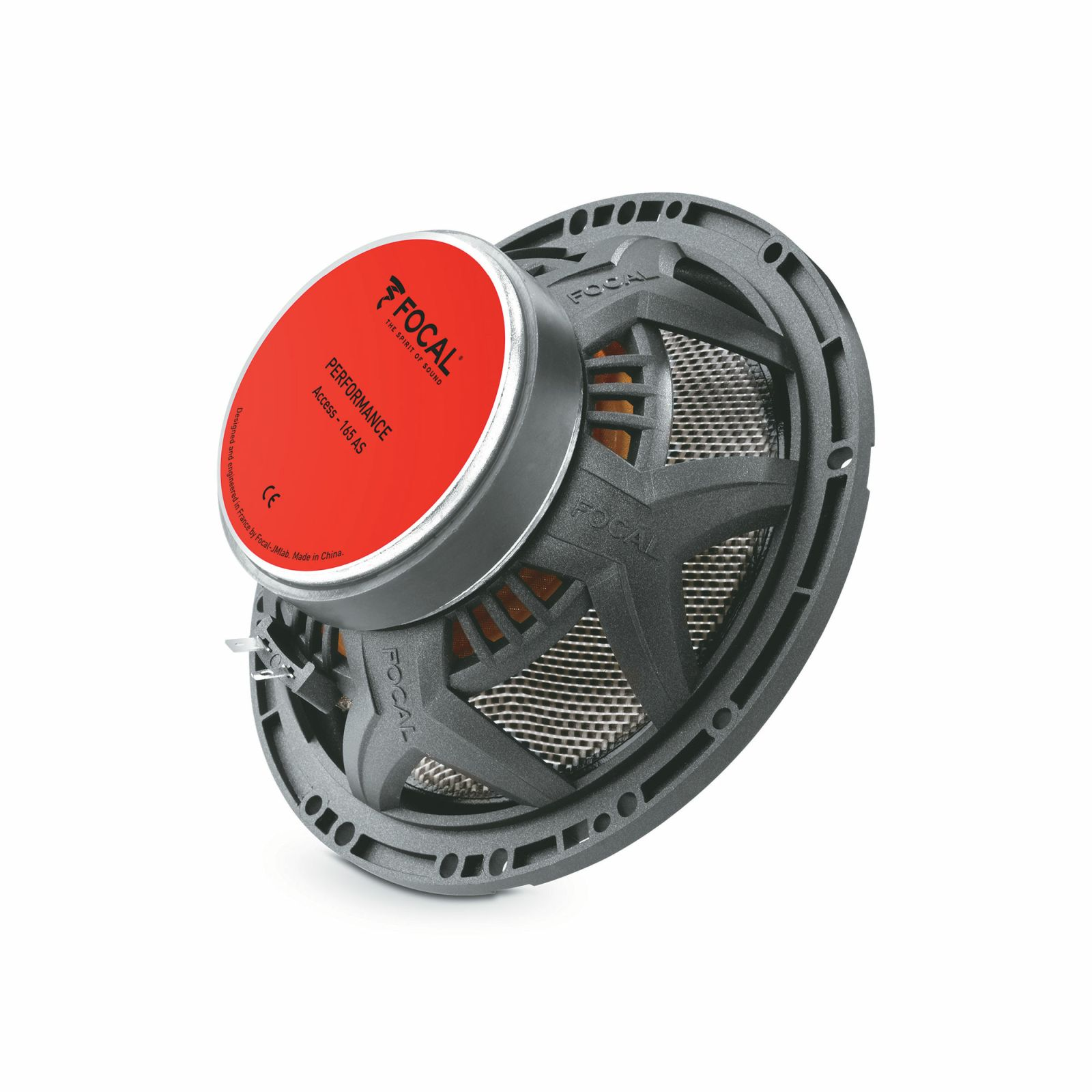 Ein Lautsprecher mit roter und silberner Mitte, schwarzem Rahmen und Metallgitter. Der Markenname 'Focal' ist sichtbar.