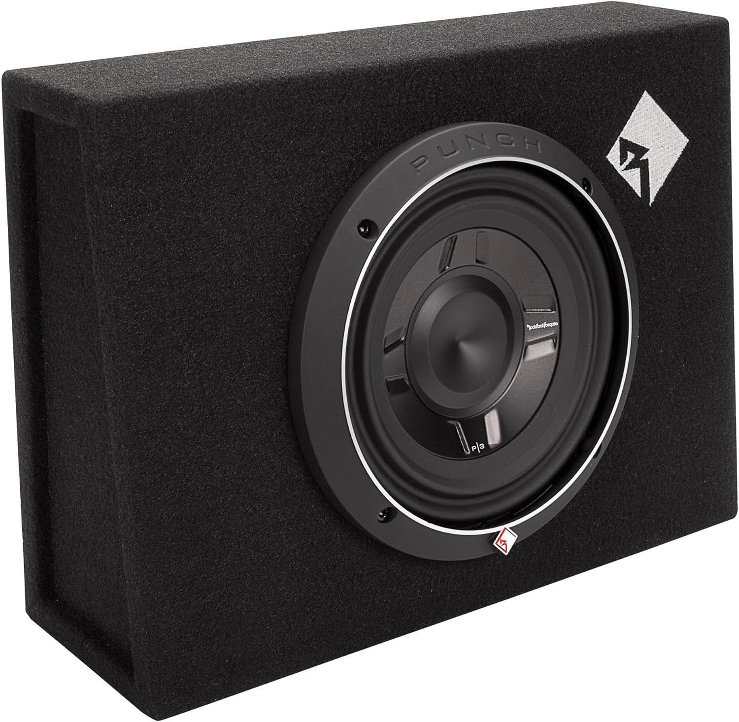 Schwarze Subwoofer-Box mit Lautsprecher. Das Wort "PUNCH" ist sichtbar. Ein weißes Logo ist seitlich.