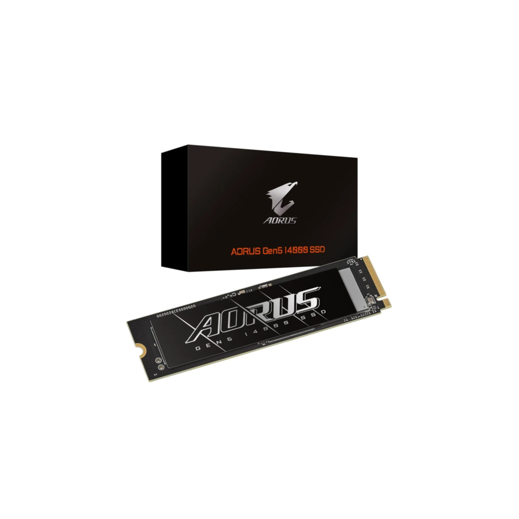 Dysk SSD AORUS Gen5 14000 i jego czarne pudełko z logo AORUS na białym tle.