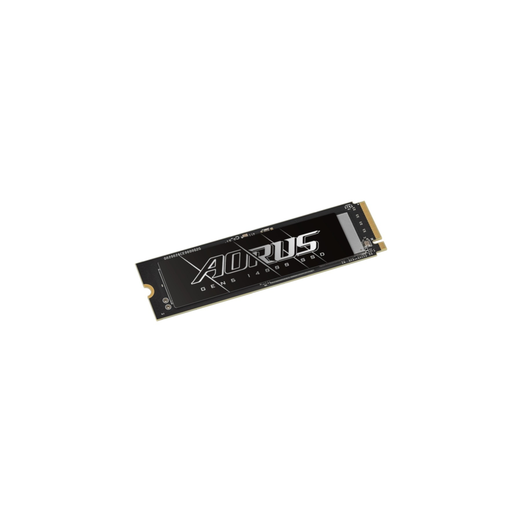 Czarny dysk SSD AORUS Gen4 1TB na białym tle. Dysk SSD jest prostokątny ze złotymi złączami.