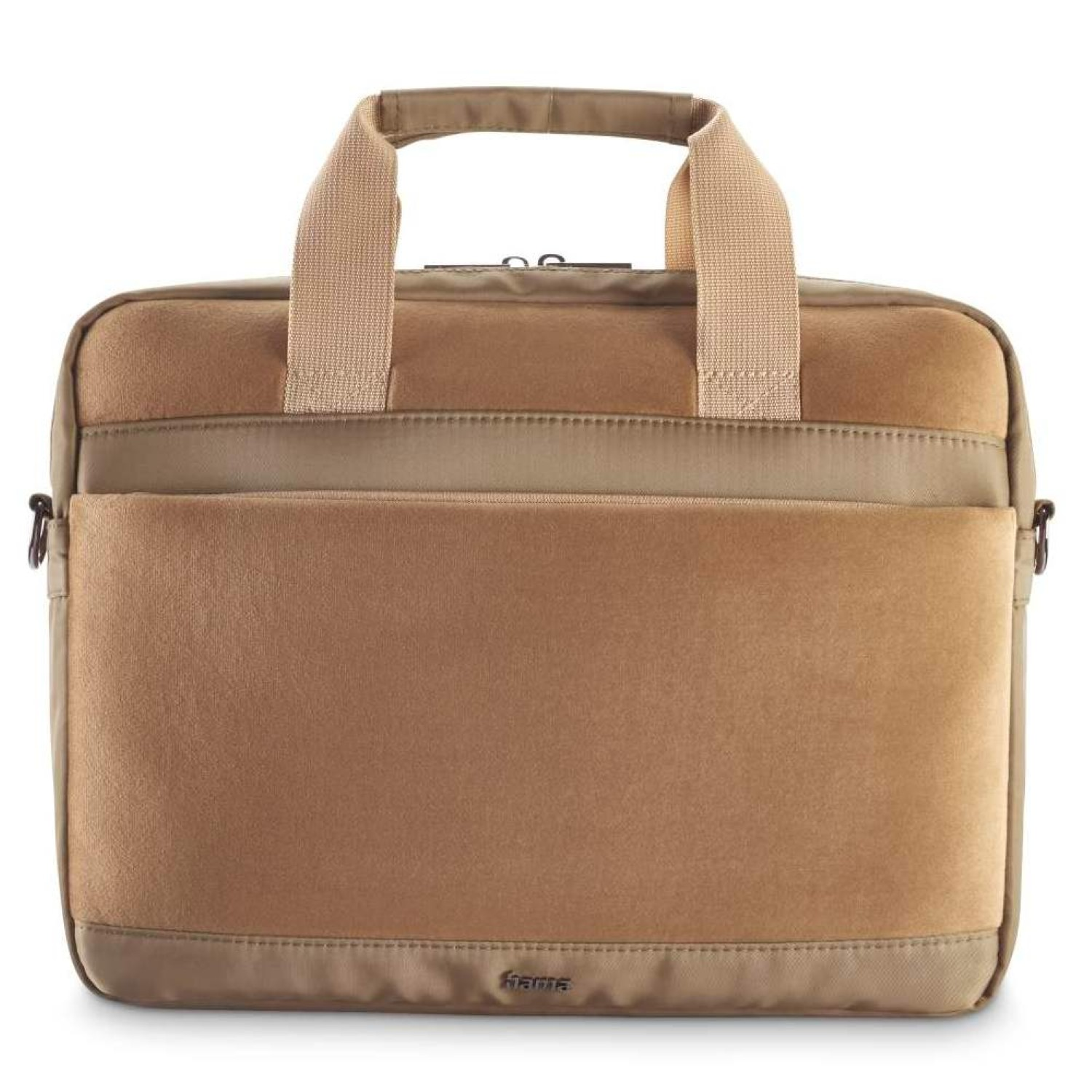 Eine braune Laptoptasche mit Henkel und Vordertasche. Die Tasche hat eine strukturierte Oberfläche und einen Markennamen.
