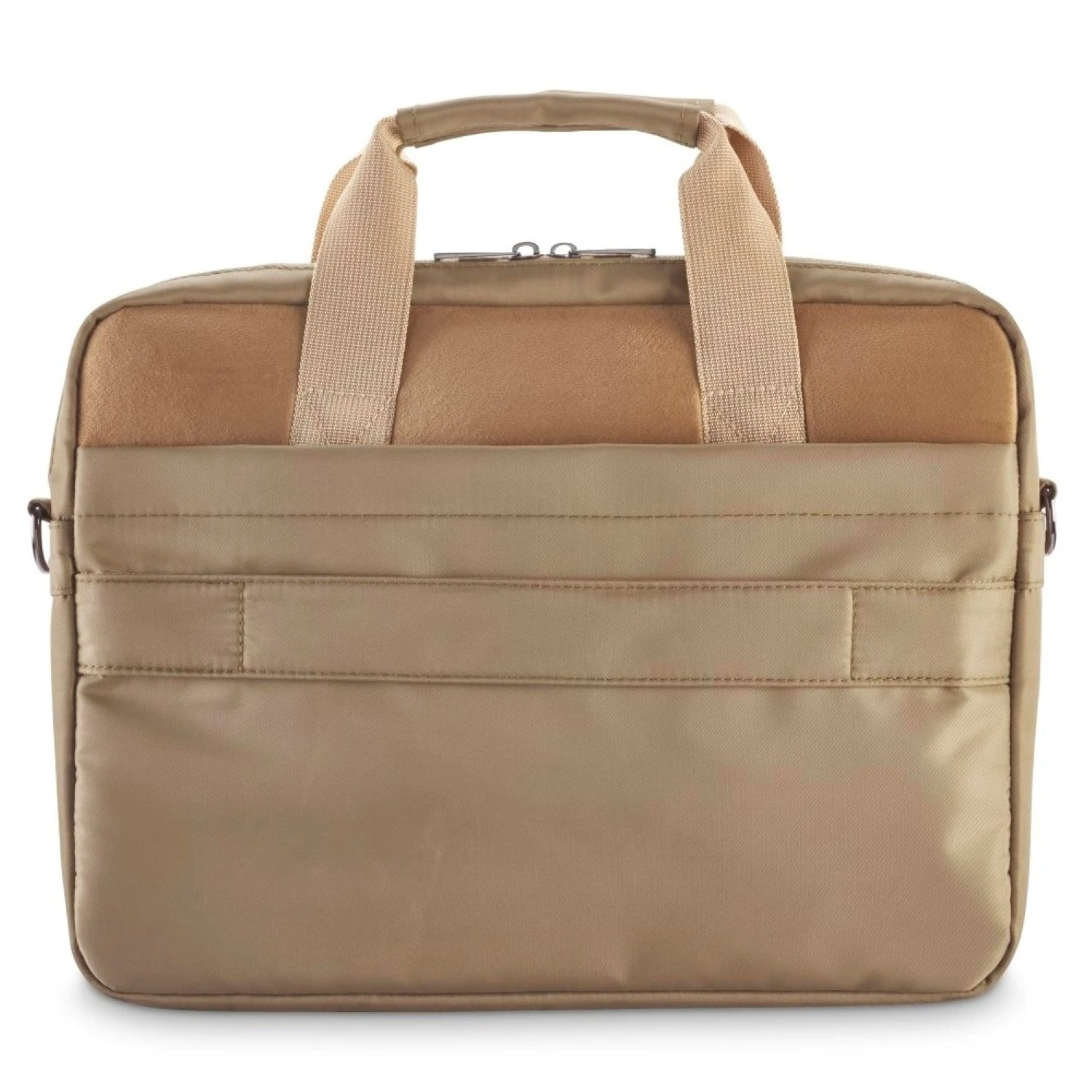 Eine beige Aktentasche mit Griff, Schultergurten und Reißverschluss. Auf weißem Hintergrund, die Tasche ist leer.