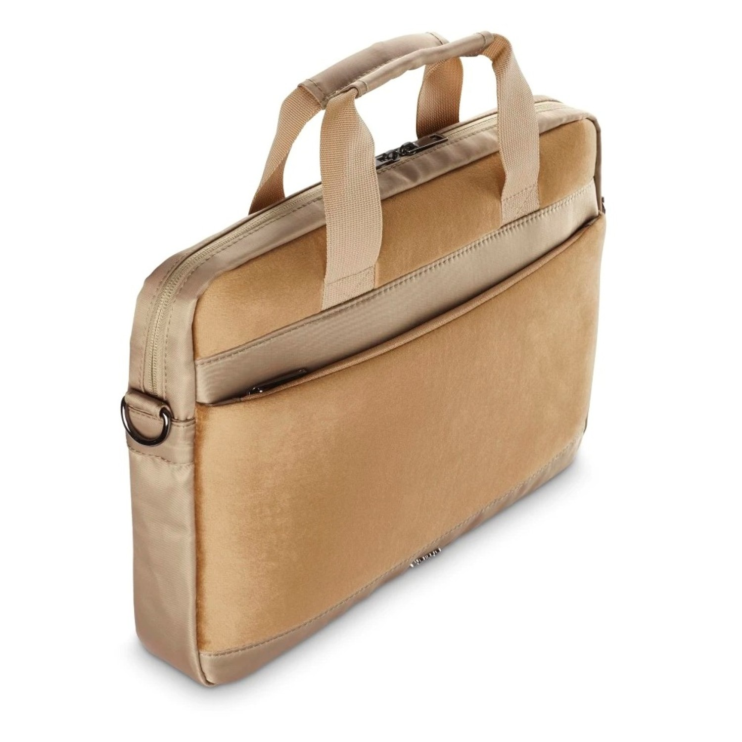 Eine beige Laptoptasche mit Griff und Reißverschluss. Sie hat eine Vordertasche, einen Griff und einen Schultergurt.