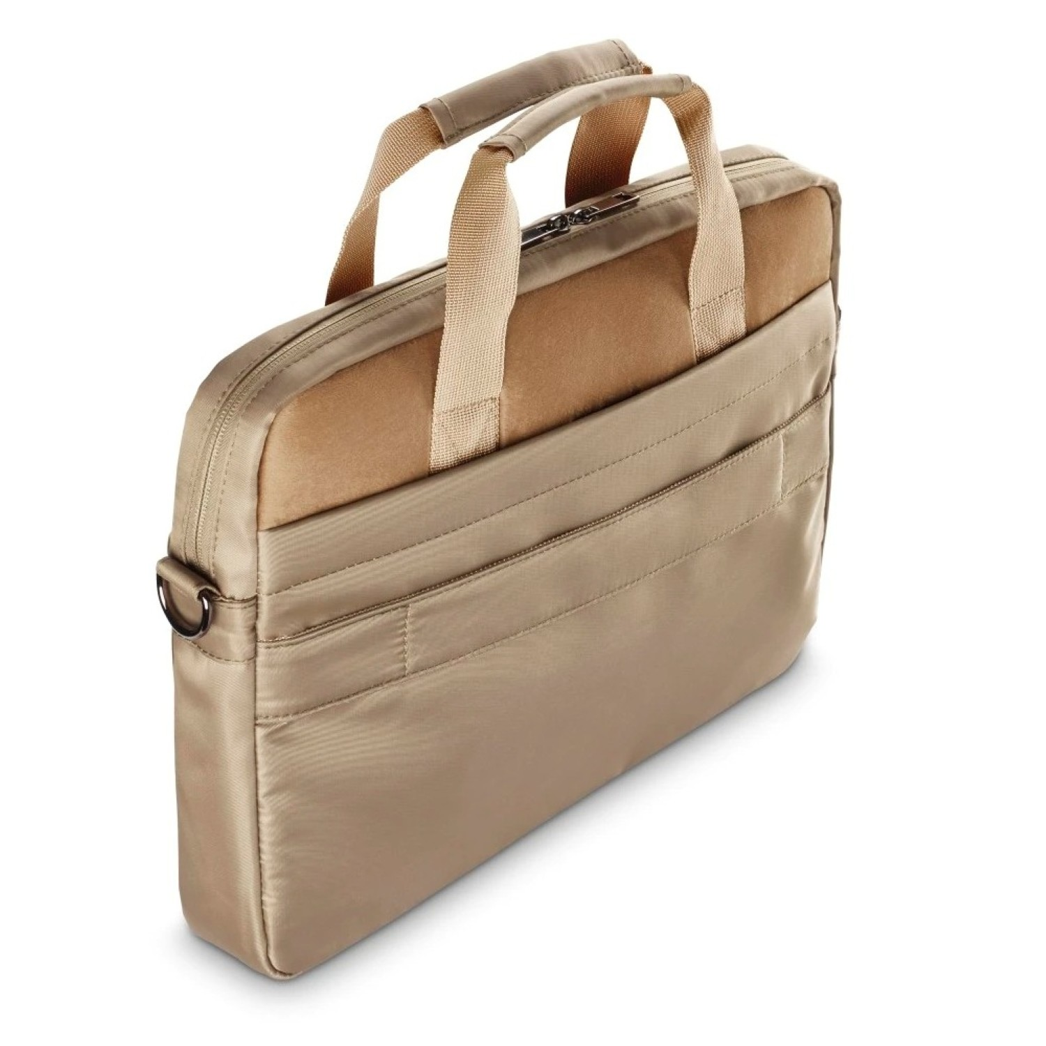 Eine beige Laptoptasche mit Griffen und einem Schulterriemenanschluss. Die Tasche befindet sich auf weißem Hintergrund und ist geschlossen.