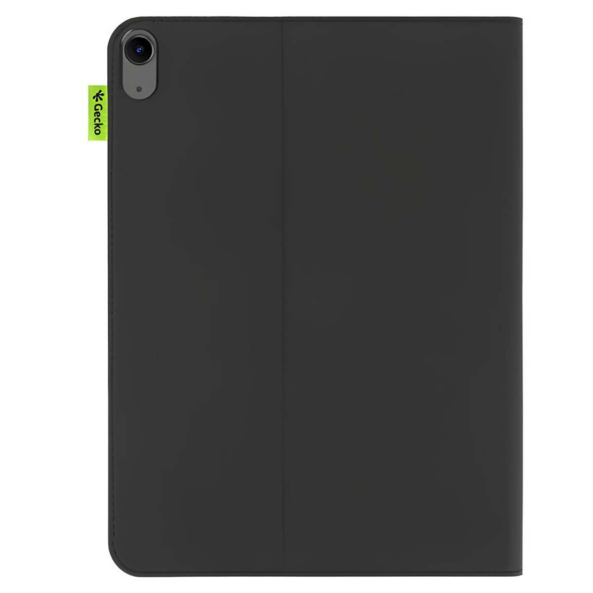 Custodia nera per tablet con etichetta Gecko verde. Il tablet è visibile in alto a sinistra e la custodia è chiusa.