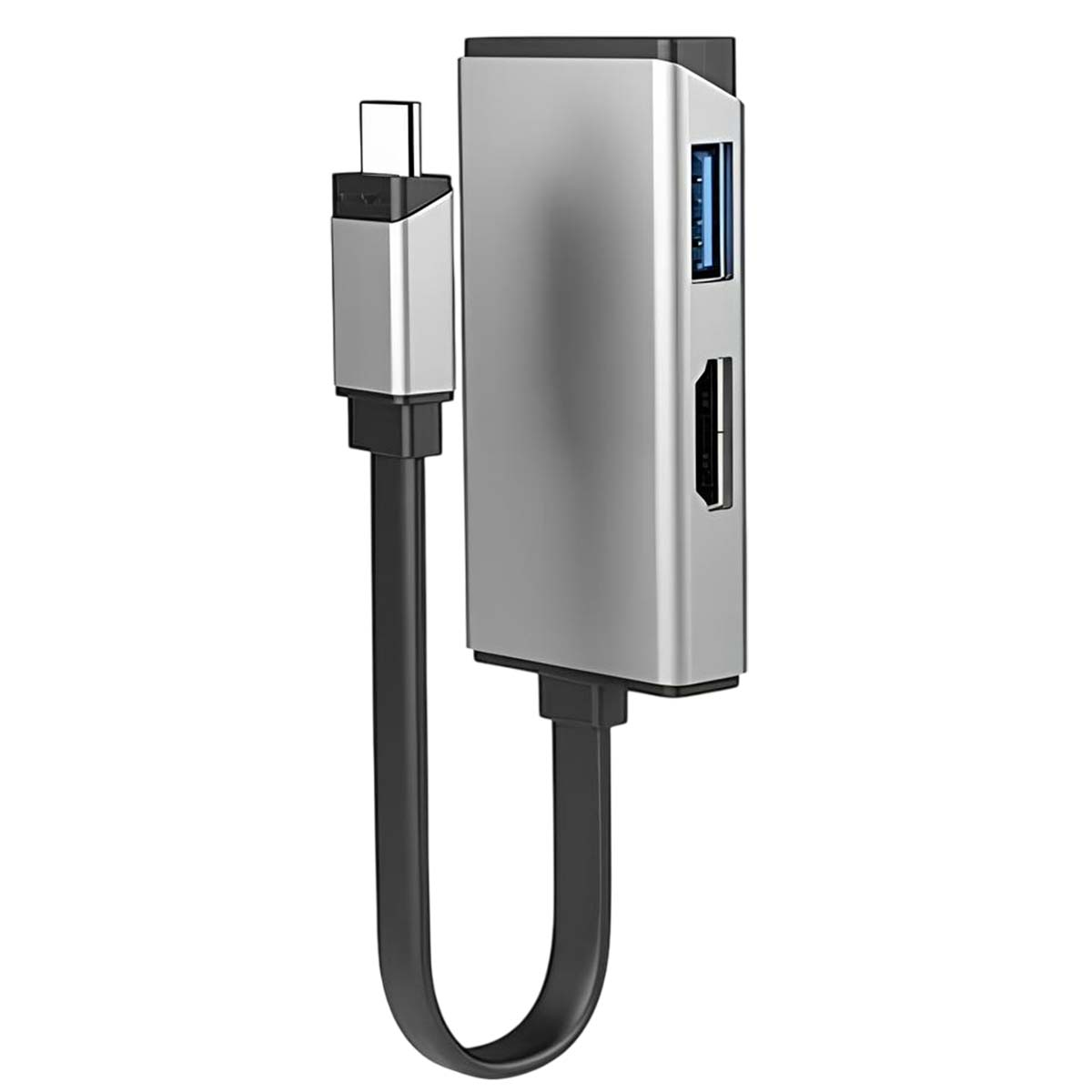 Concentrador USB-C plateado con cable negro. Cuenta con puertos USB y HDMI. Conector USB-C en la parte superior izquierda. Cable negro en U.