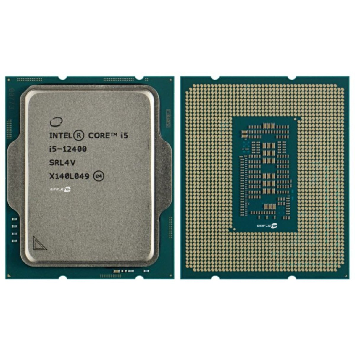 Zwei Ansichten eines Intel Core i5-Prozessors. Eine Seite zeigt die Markierungen, die andere zahlreiche Pins.