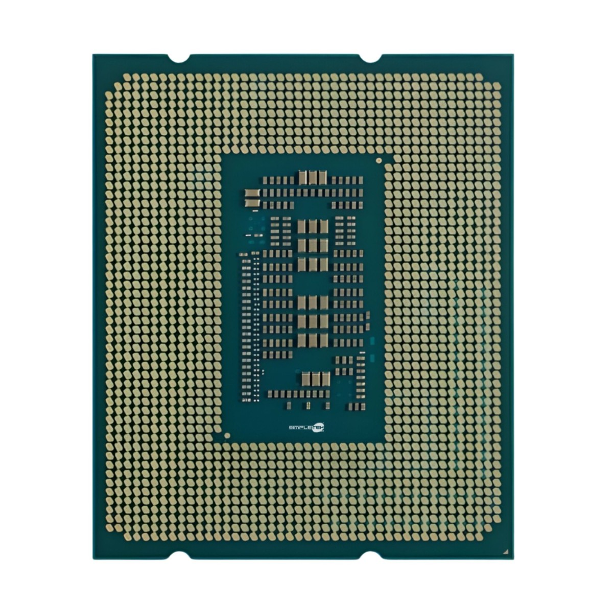Nahaufnahme einer CPU. Sie ist rechteckig mit vielen kleinen goldenen Punkten und einem dunkelgrünen Rand.