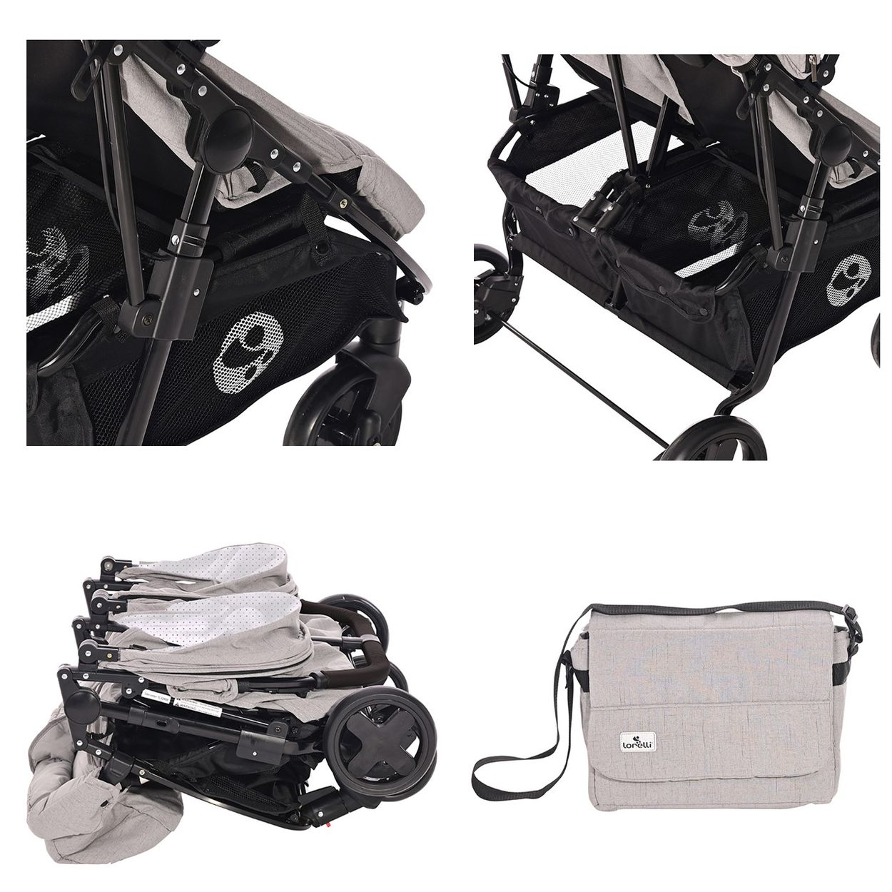 Ein grauer Zwillingskinderwagen und eine passende graue Tasche. Der Kinderwagen ist zusammengeklappt. Die Tasche hat einen langen Gurt.