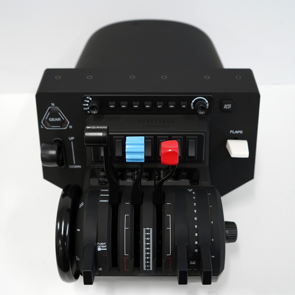 Flight simulator throttle with red and blue handles, white button, and black wheel.