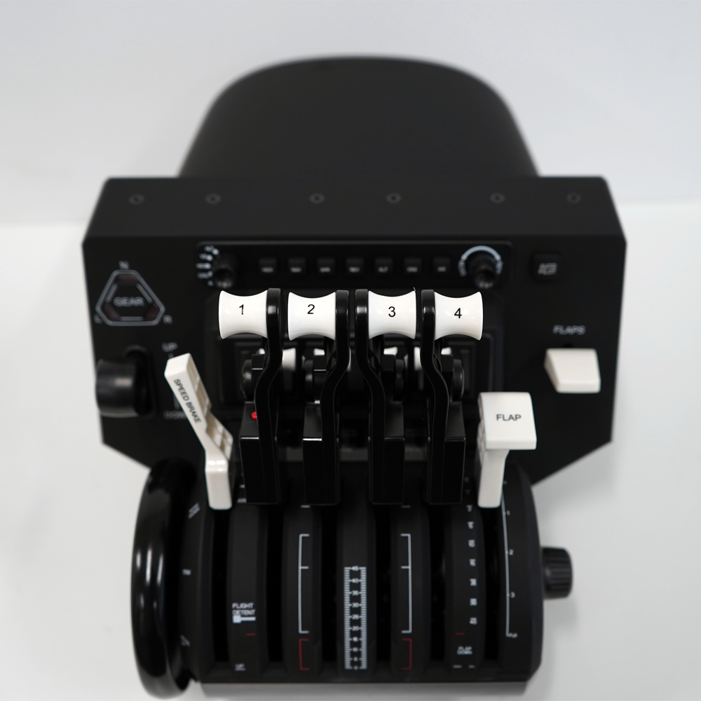 A black aircraft control panel with white levers labeled 1, 2, 3, and 4. Other levers and buttons are also visible.