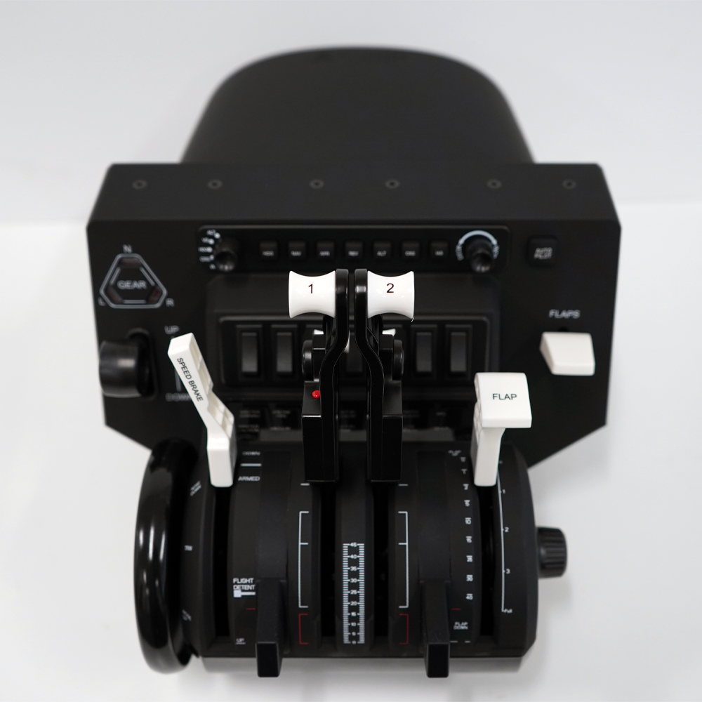 Black aircraft control panel with white levers and buttons. Includes gear, speed brake, and flap controls.