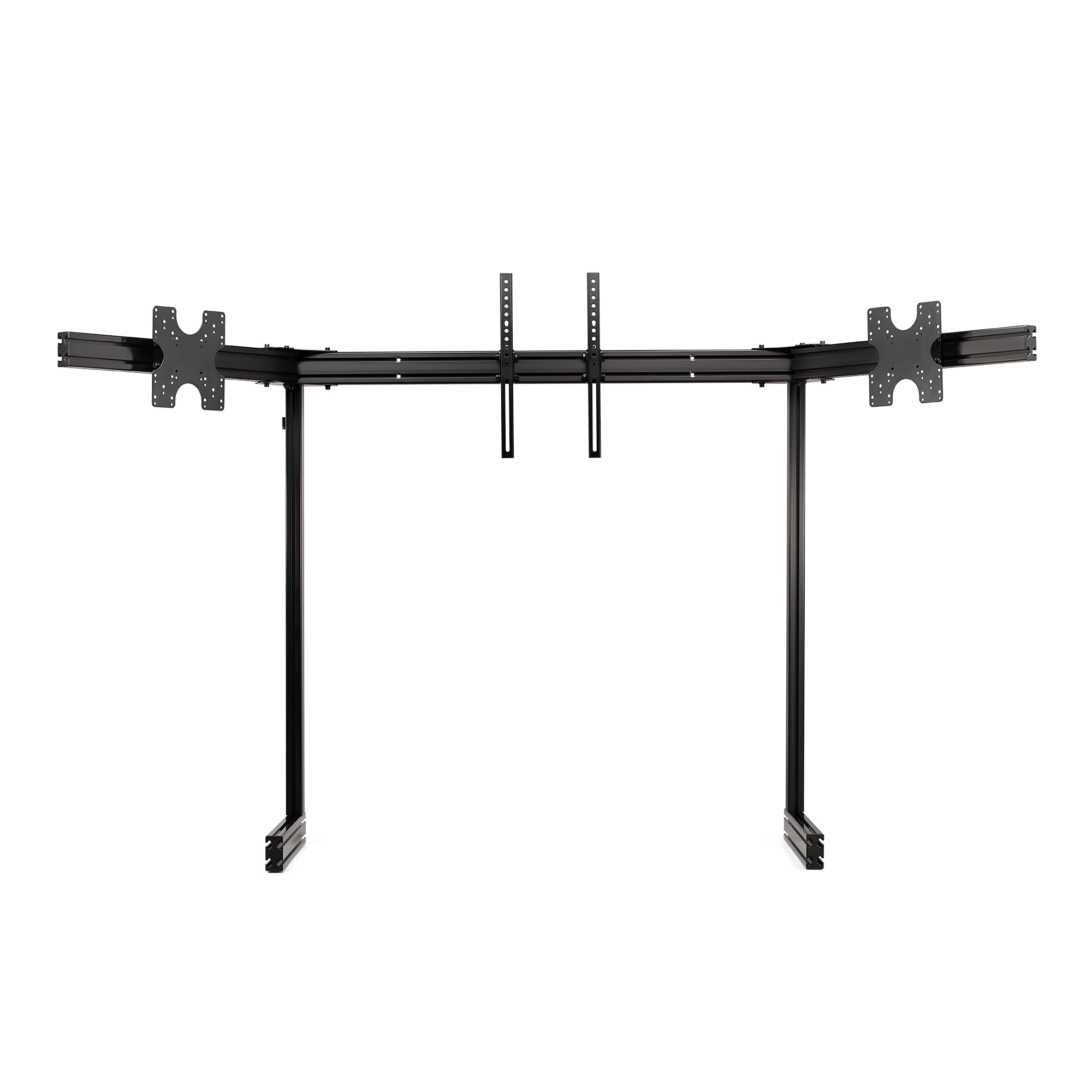 Een zwarte metalen monitorstandaard. Het heeft drie horizontale balken met montageplaten en twee verticale poten.
