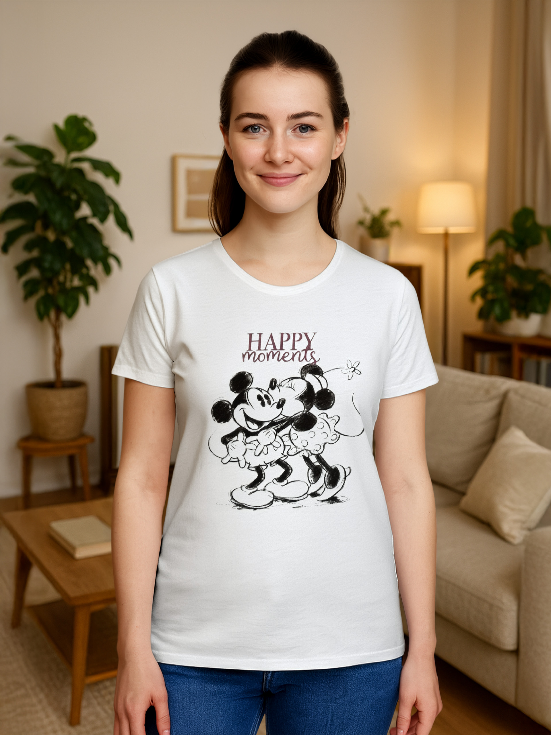 Frau trägt weißes T-Shirt mit Micky-und Minnie-Mouse-Design, lächelnd. Hintergrund: Wohnzimmer.