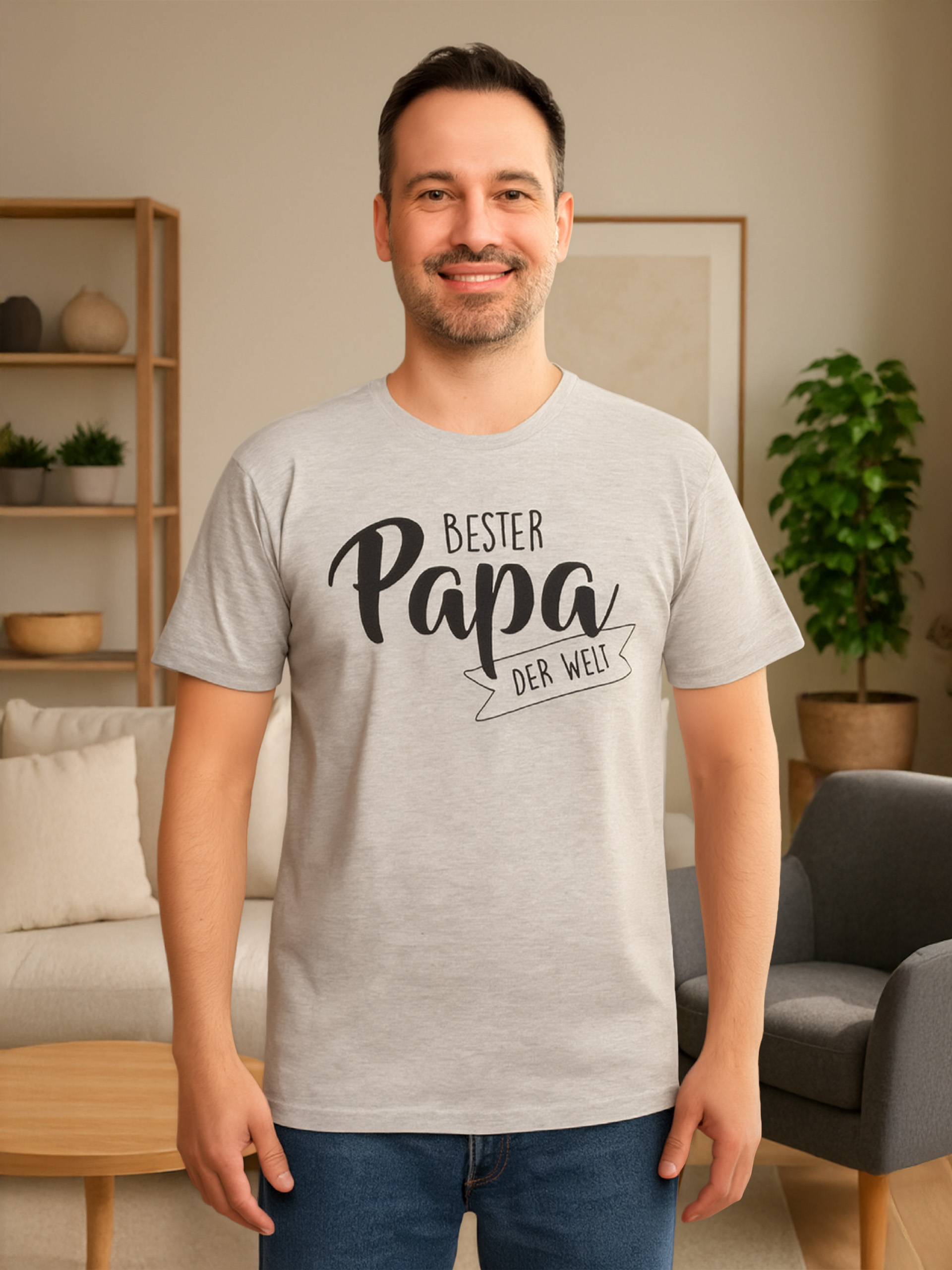Mann mit 'Bester Papa' Shirt. Er lächelt. Wohnzimmer mit Möbeln und Pflanzen im Hintergrund.