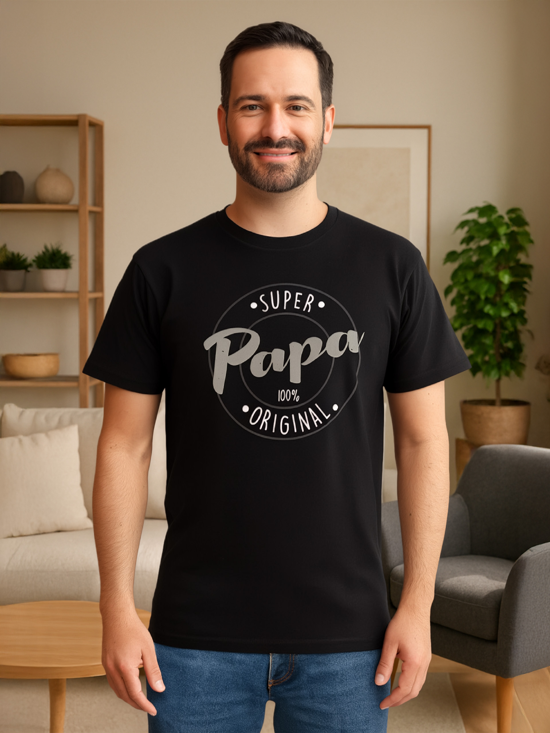 Ein Mann trägt ein schwarzes T-Shirt mit der Aufschrift 'Super Papa'. Er lächelt. Der Hintergrund umfasst Sofa, Pflanze und Regale.