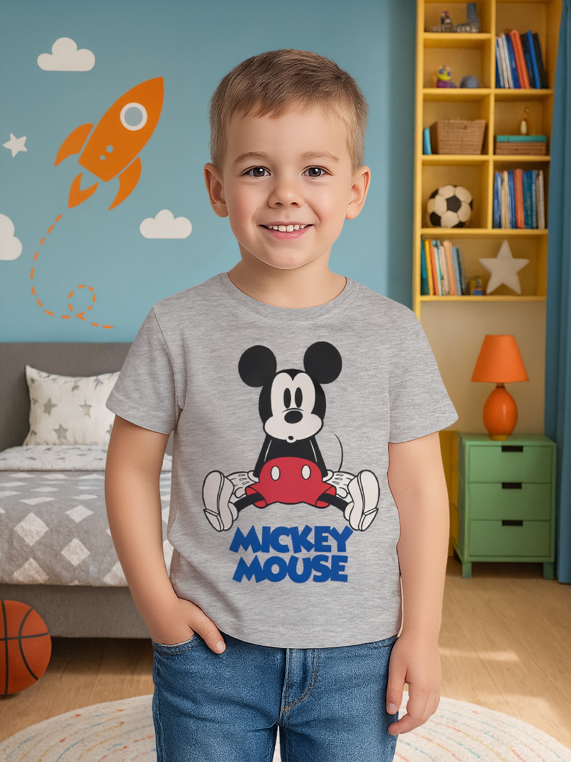 Ein lächelnder Junge trägt ein Mickey Mouse-Shirt. Im Hintergrund befindet sich ein Schlafzimmer mit Raketenkunst, einem Bett und Regalen.