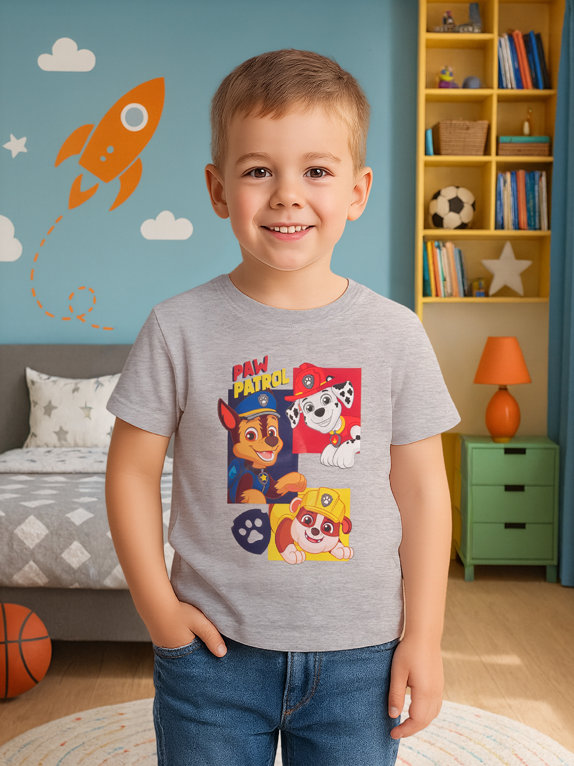 Ein Junge mit einem Paw Patrol-T-Shirt lächelt. Im Hintergrund sind eine Rakete, ein Bett, Regale und eine Lampe.