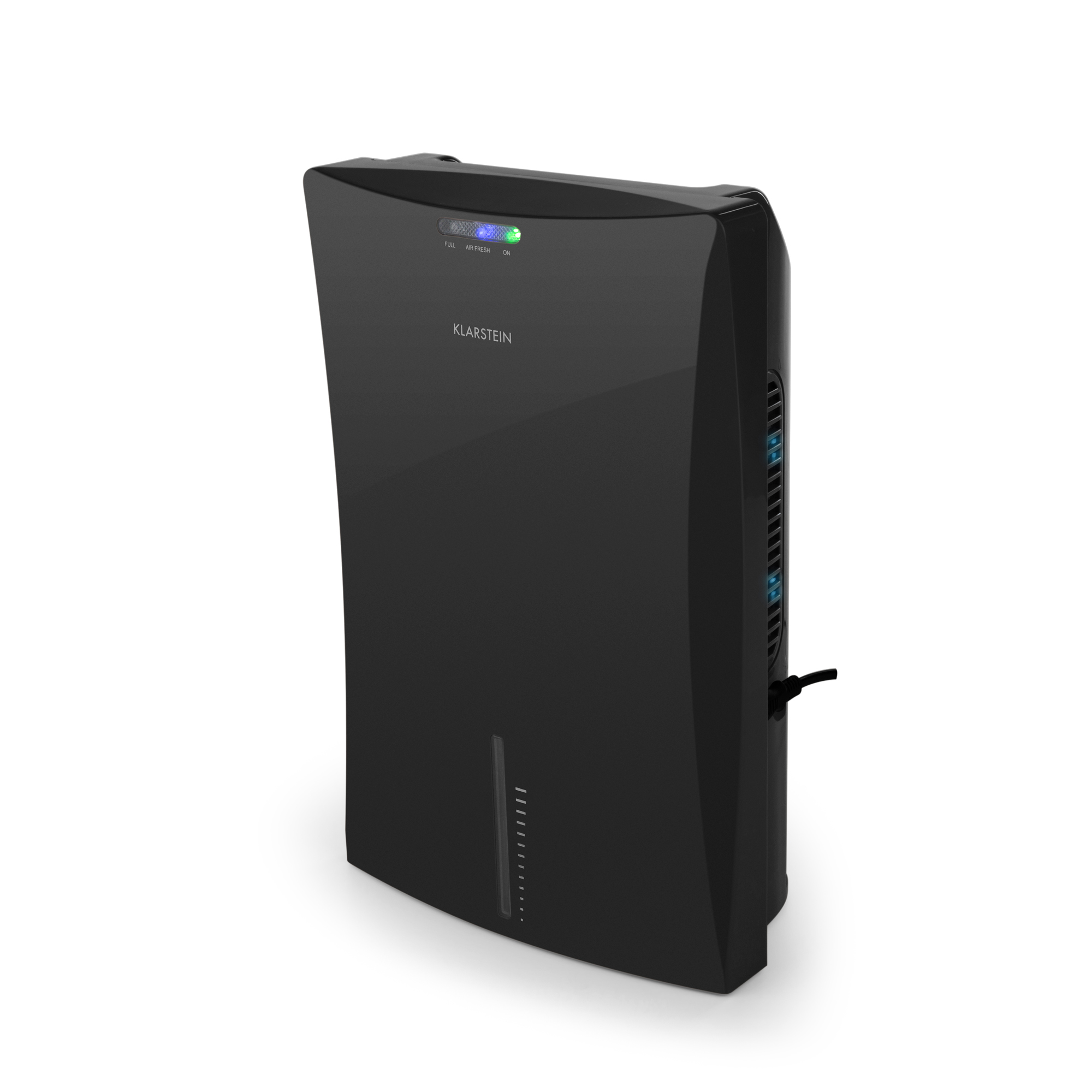 Un purificatore d'aria nero Klarstein. Ha un display digitale e un indicatore di accensione/spegnimento. È su sfondo bianco.