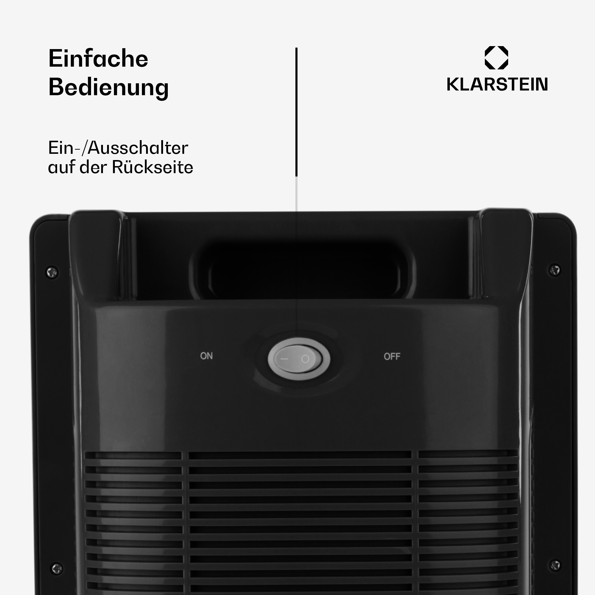 Un elettrodomestico nero con interruttore on/off. Il marchio è Klarstein. Il testo dice facile da usare e interruttore sul retro.