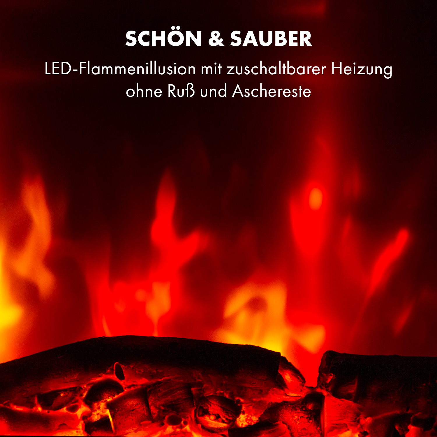 Primo piano di un camino con fiamme rosse e arancioni. Sotto, tronchi scuri e bruciati. Testo in alto: SCHÖN & SAUBER.