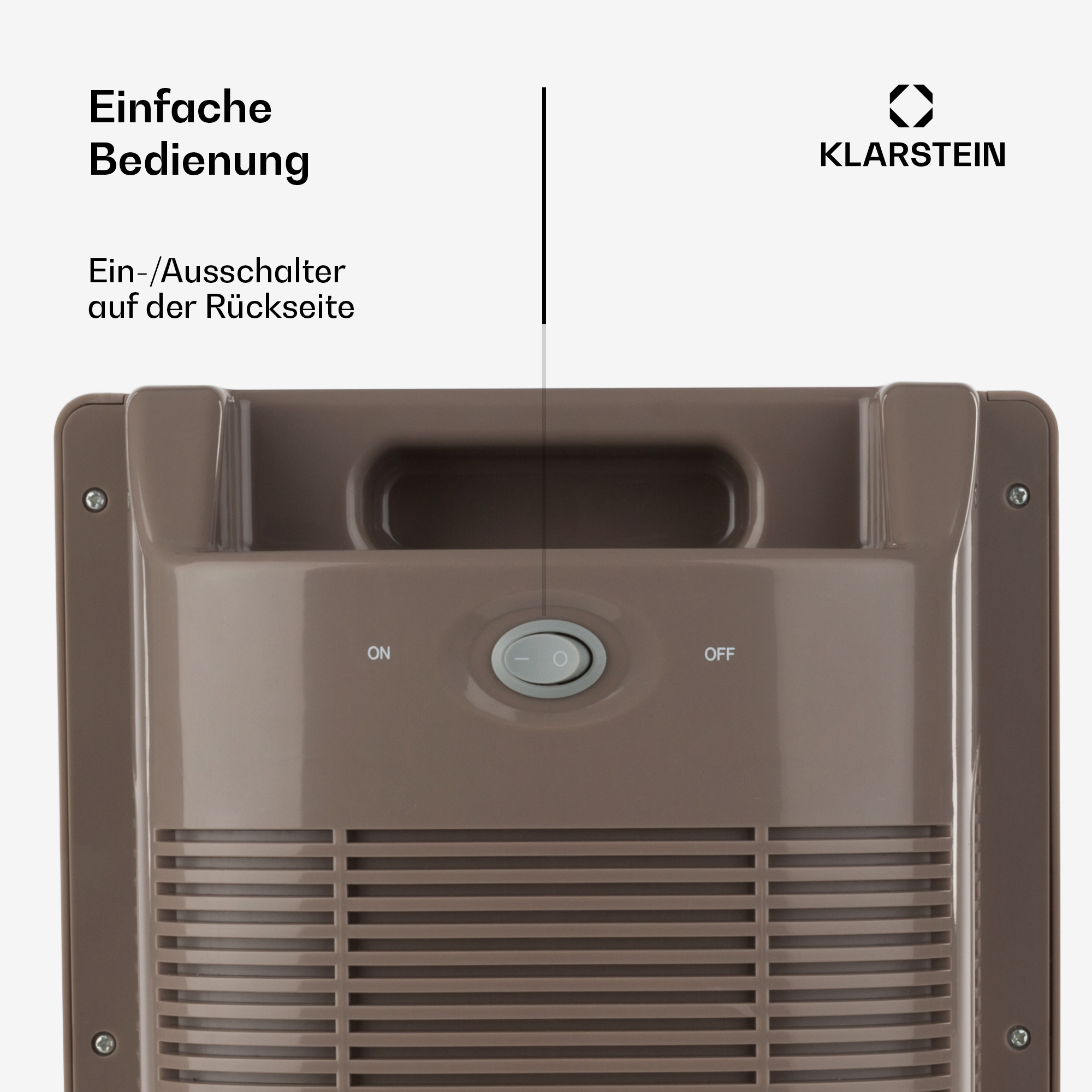 Parte trasera de un calentador marrón con interruptor de encendido/apagado. Texto: 'Einfache Bedienung' y 'Ein-/Ausschalter auf der Rückseite'.