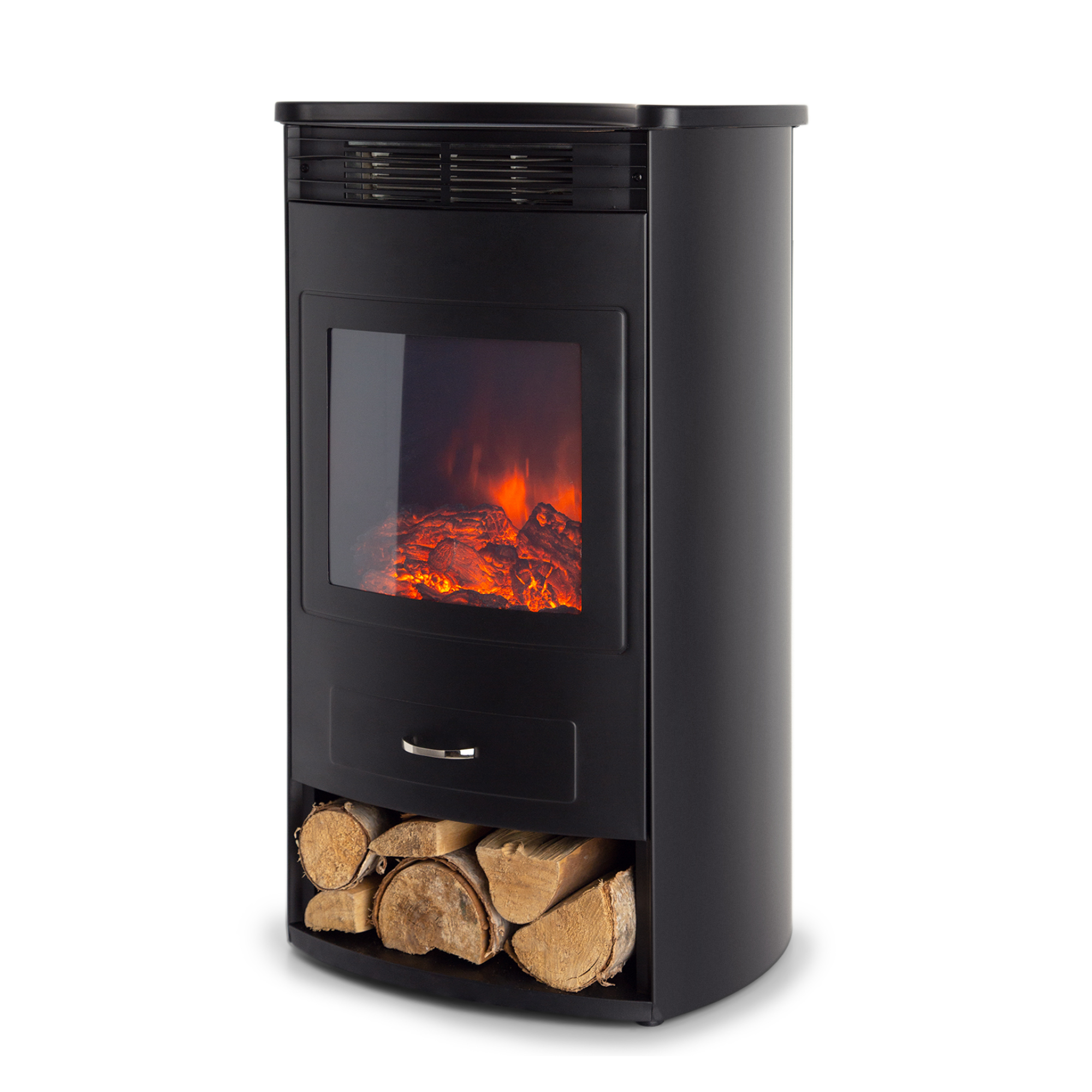 Schwarzer elektrischer Kamin mit Glasfront, Flammen und Holzscheiten unten.