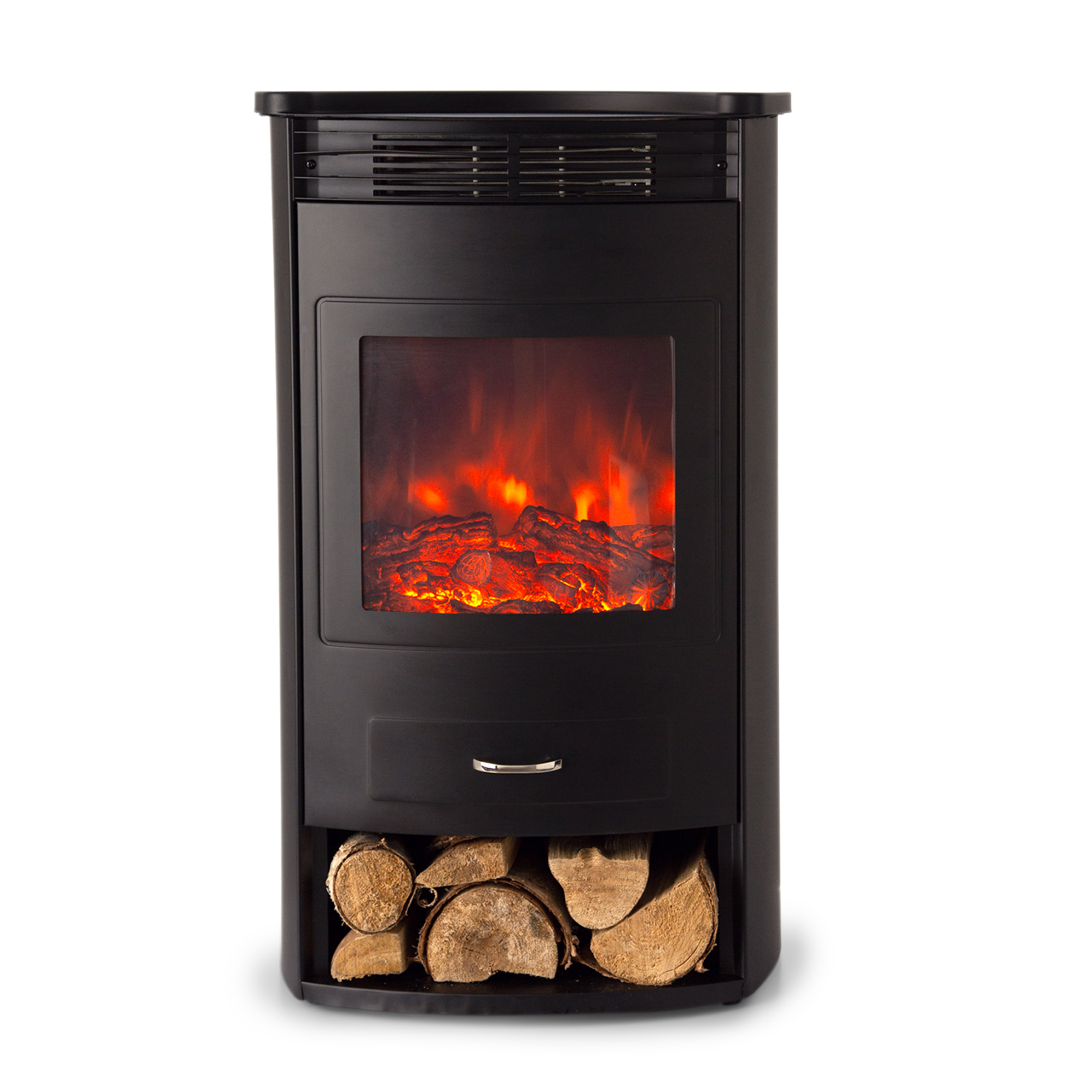 Schwarzer Elektro-Kamin mit leuchtendem Feuereffekt hinter Glas. Holzscheite sind unten gelagert.