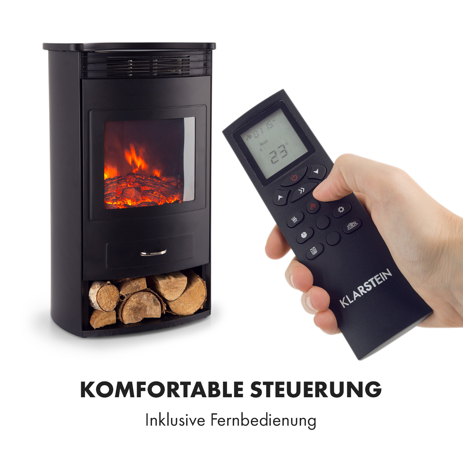 Ein schwarzer Elektrokamin mit Fernbedienung. Der Kamin hat eine Glasfront mit simuliertem Feuer und Holzscheiten.