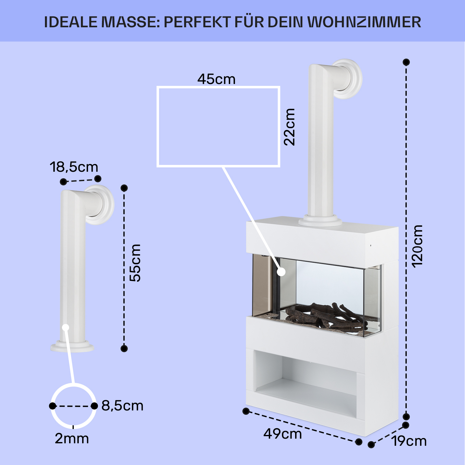 Ein weißer Kamin mit angegebenen Abmessungen. Er hat eine Glasfront mit Holzscheiten. Die Maße sind 120 cm hoch und 49 cm breit.