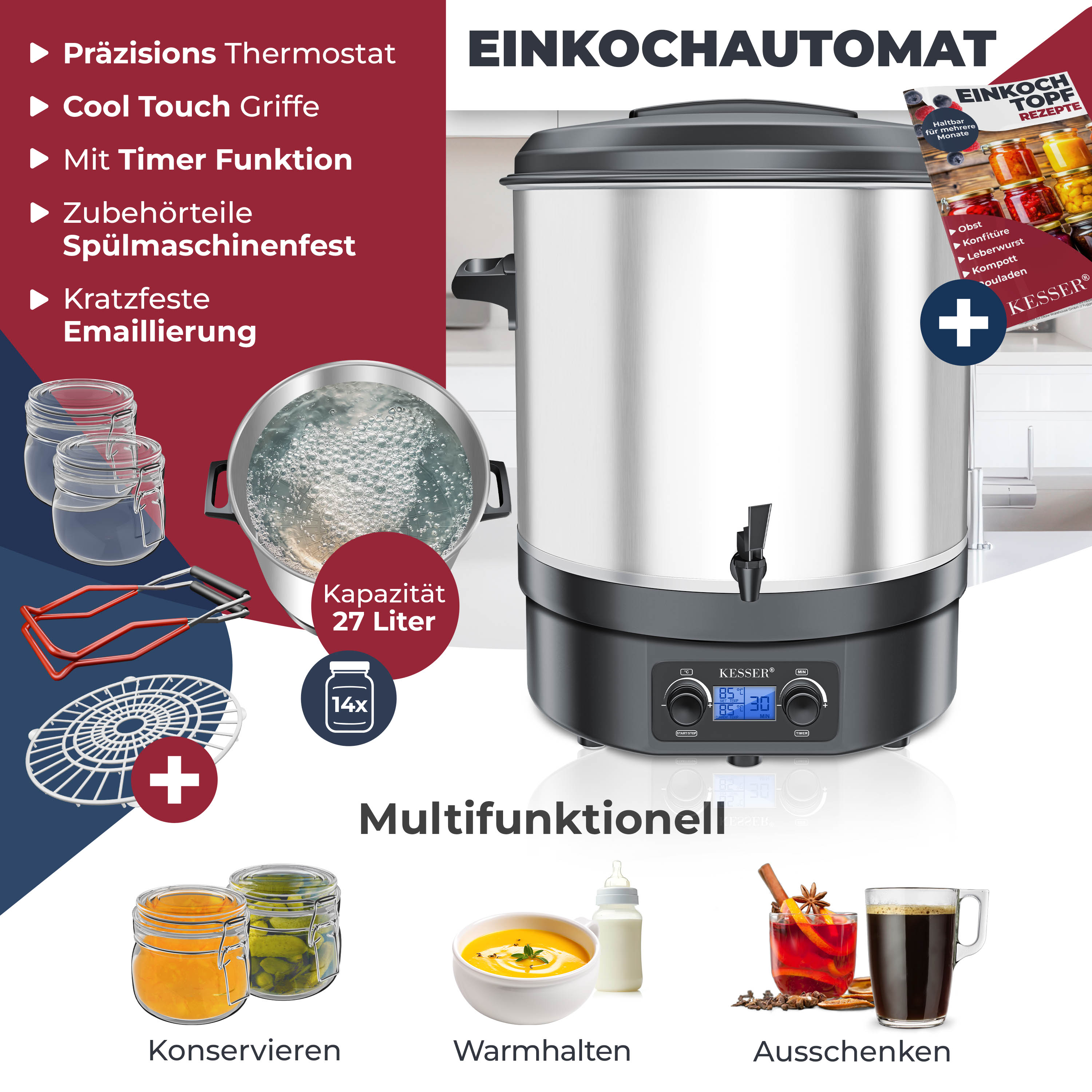 Ein Einkochautomat mit Timer und Cool-Touch-Griffen und Illustrationen zu seinen Anwendungen: Konservieren, Warmhalten und Ausschenken.