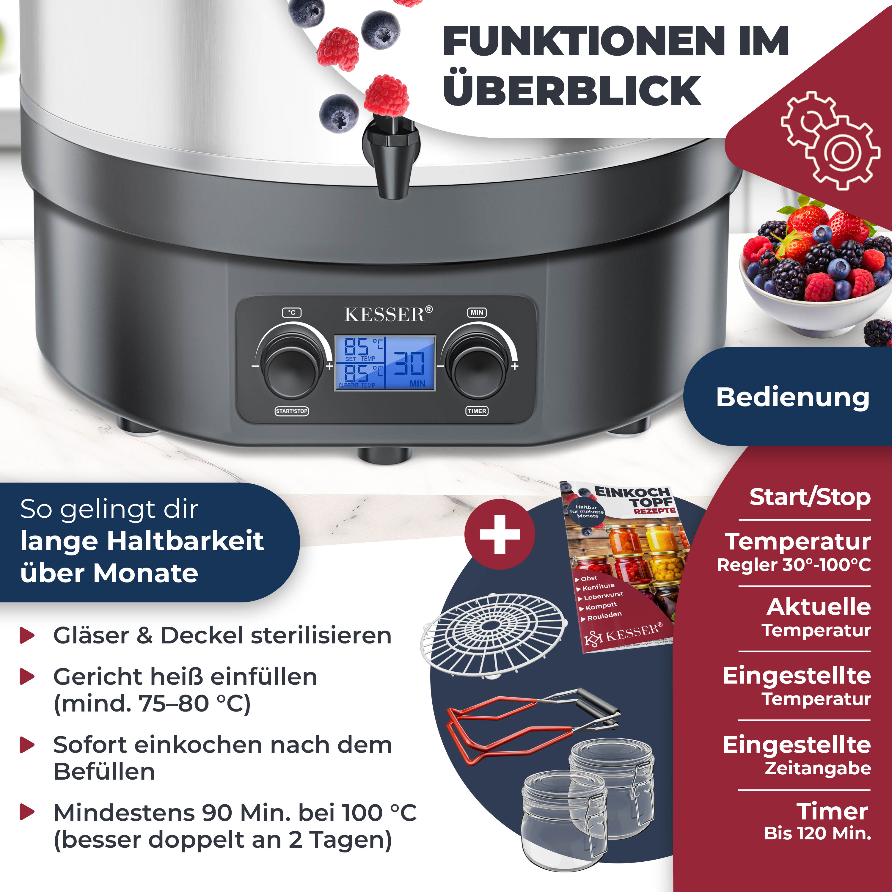 Eine Einmachmaschine mit Digitalanzeige zeigt Temperatur und Zeit, mit Text und Lebensmittelbildern.