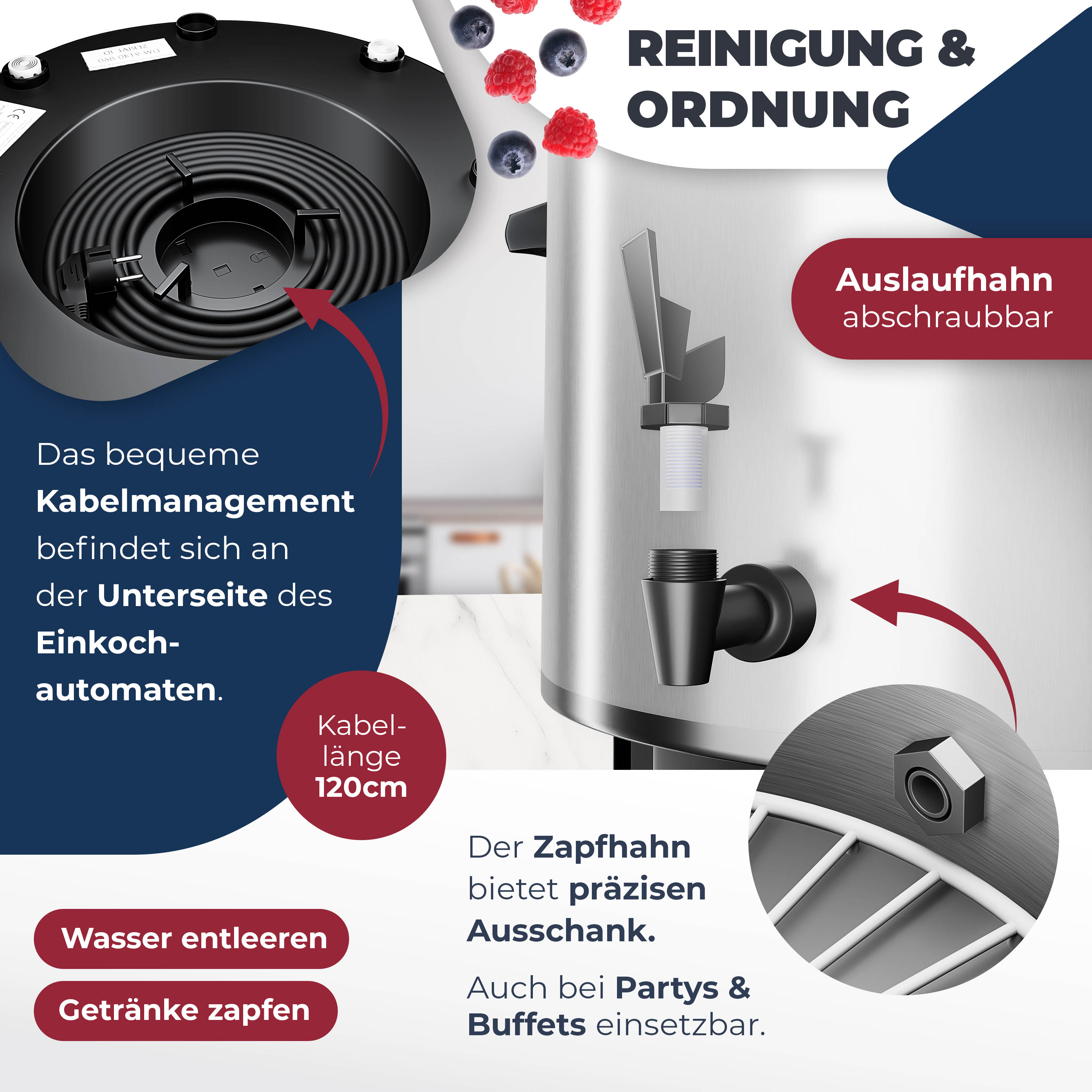 Nahaufnahme eines Küchengeräts mit Textbeschriftungen und Illustrationen, die Funktionen und Vorteile zeigen.
