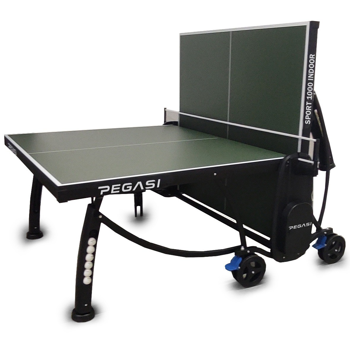 A green and black ping pong table. It has a net, wheels, and a backboard. The brand name is Pegasi.