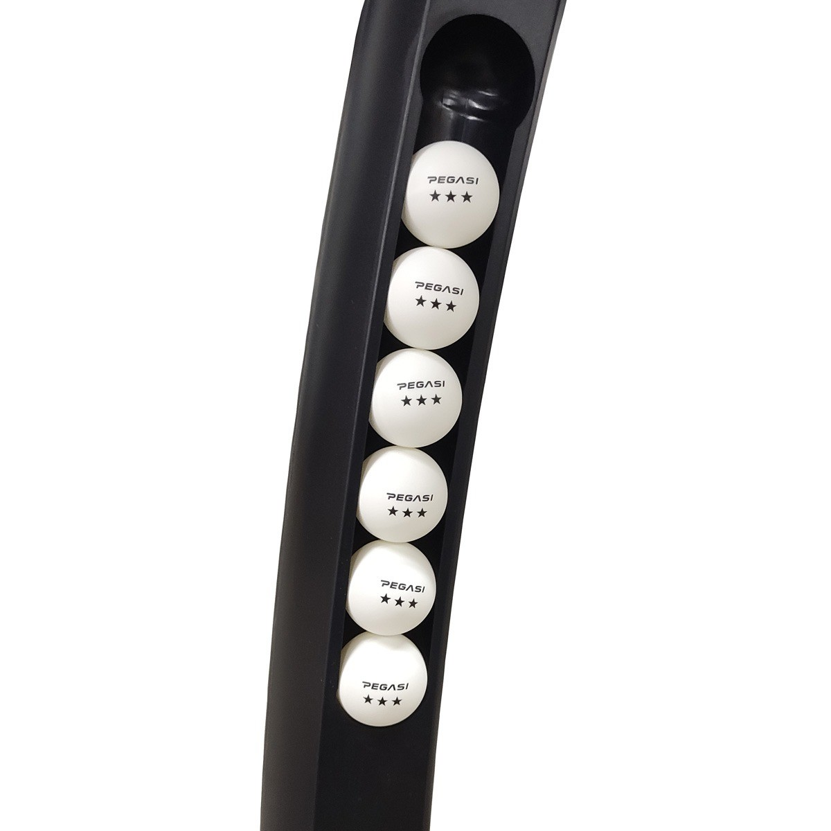Black container with six white ping pong balls. Each ball has 'PEGASI' and three stars printed on it. Balls are in a vertical row.