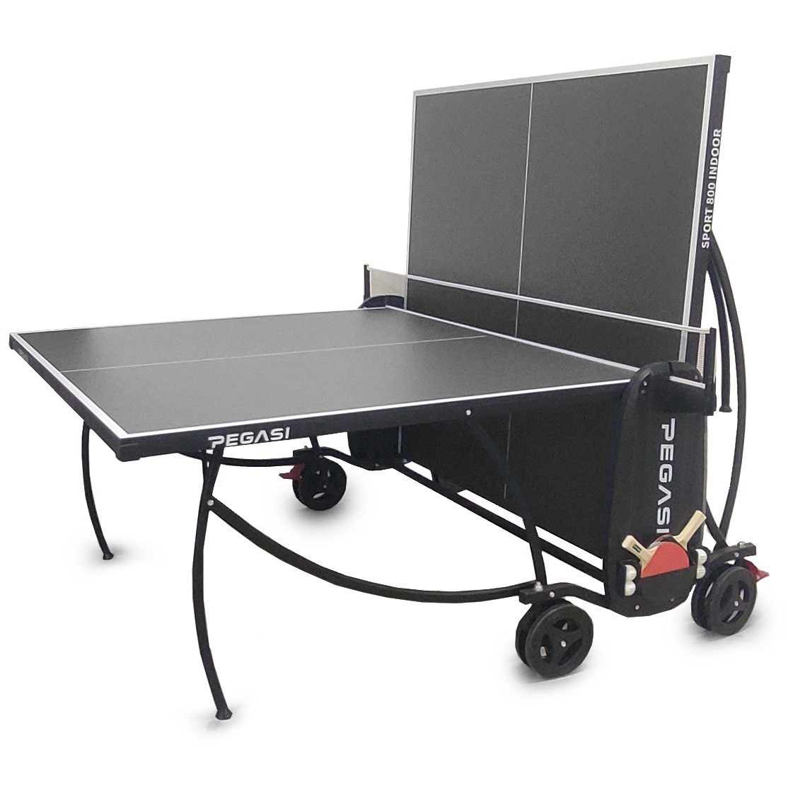 A black and gray Pegasi Sport 800 indoor table tennis table. It has a net, wheels, and a backboard. Paddles are visible.