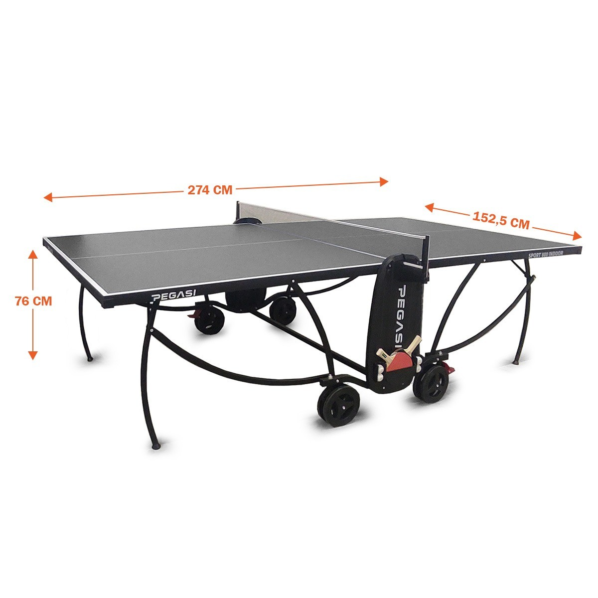 A black ping pong table with wheels, net, and measurements labeled. The table is branded 'PEGASI'.