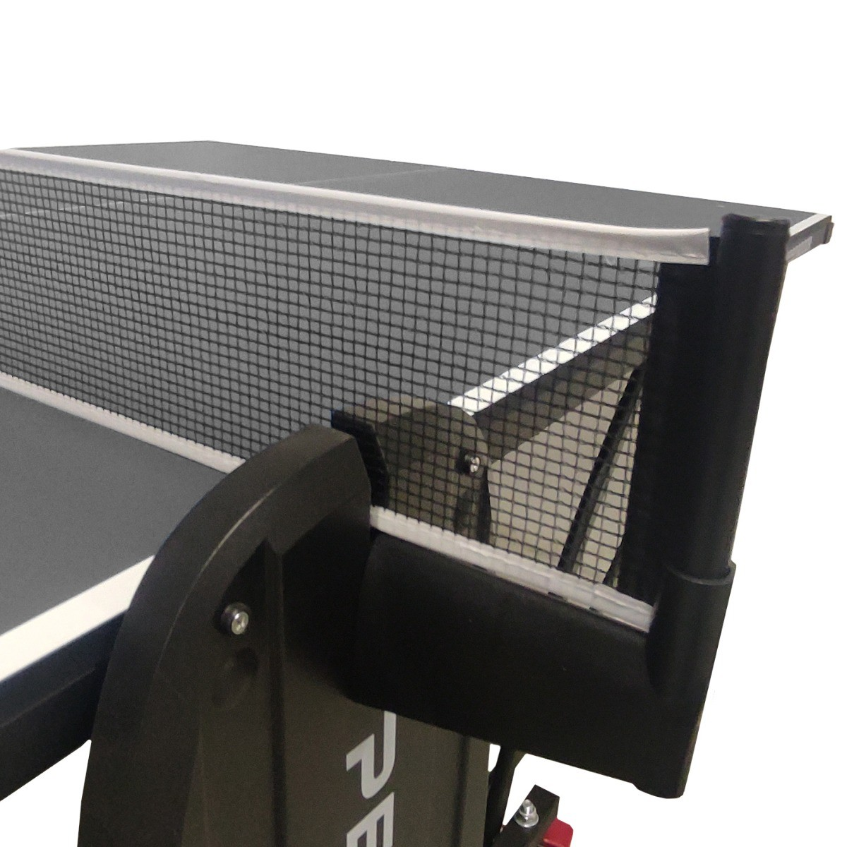 Close-up of a ping pong table. A net is stretched across the table. Black and grey table with a white line. Black table legs.