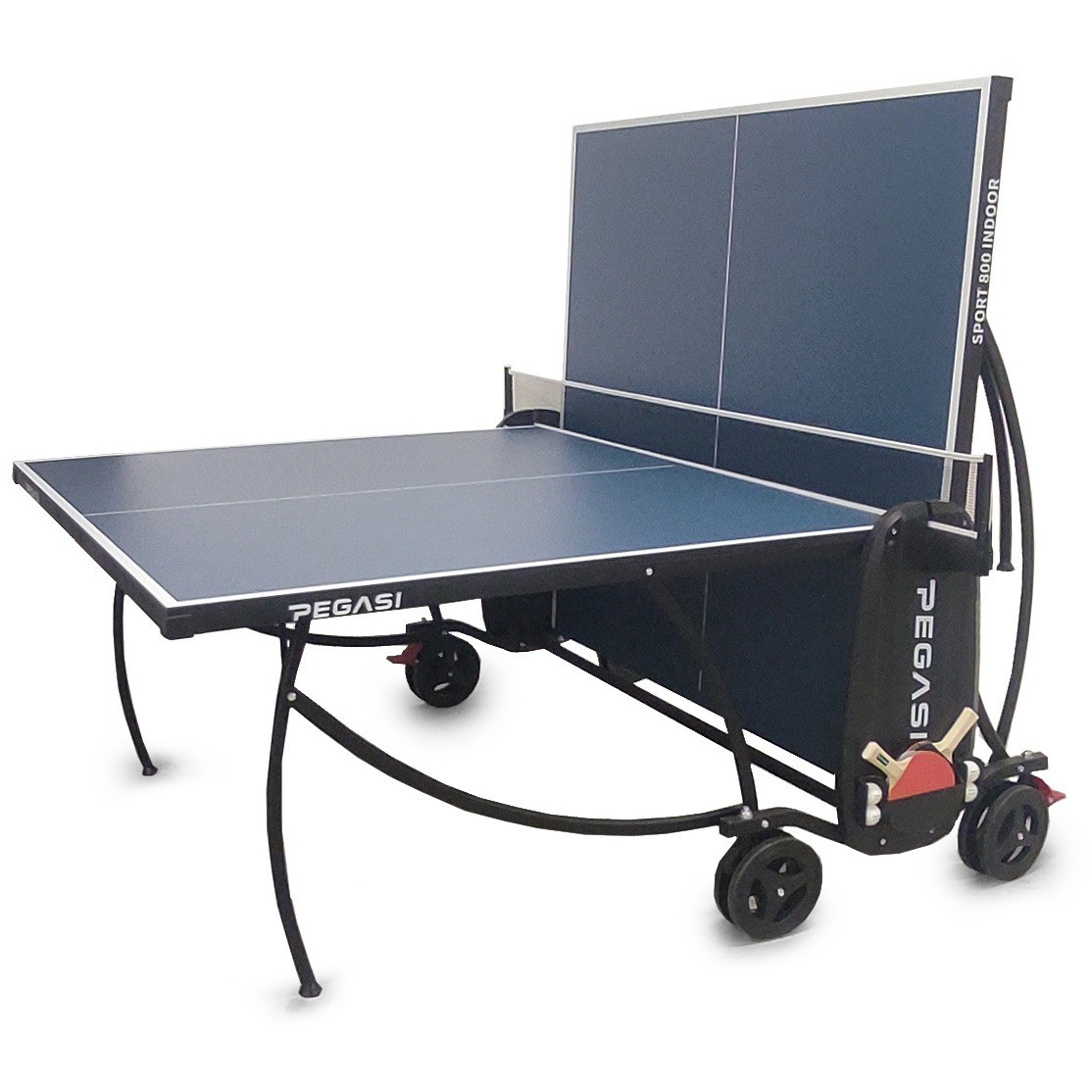 A blue and black indoor table tennis table on wheels. The table has a net and a backboard. The brand name is Pegasi.