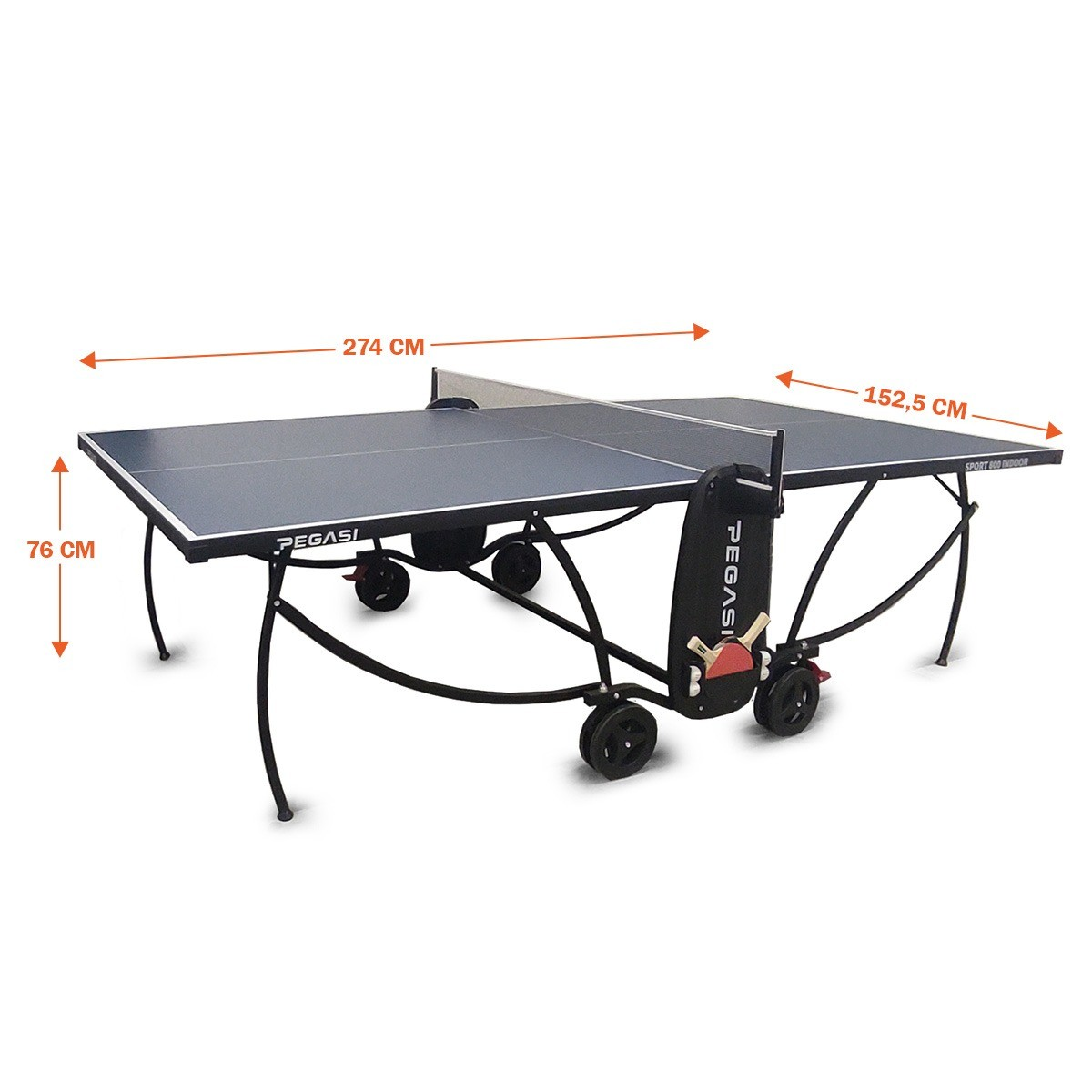 A blue ping pong table with black legs and wheels. The table has dimensions labeled. A black net and a logo are visible.