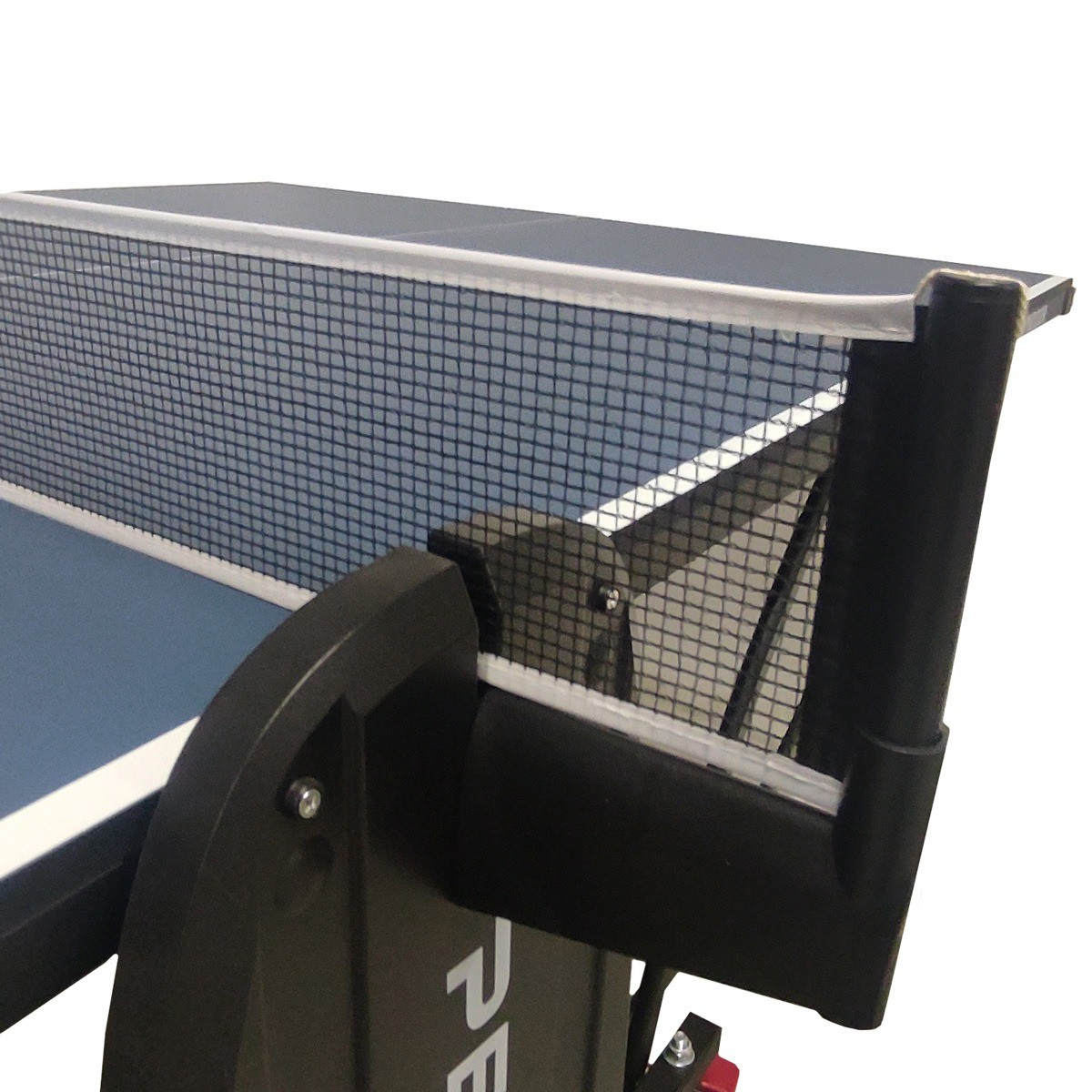 A close-up view of a ping pong table. The net is visible with a black frame. The table is blue with white lines.