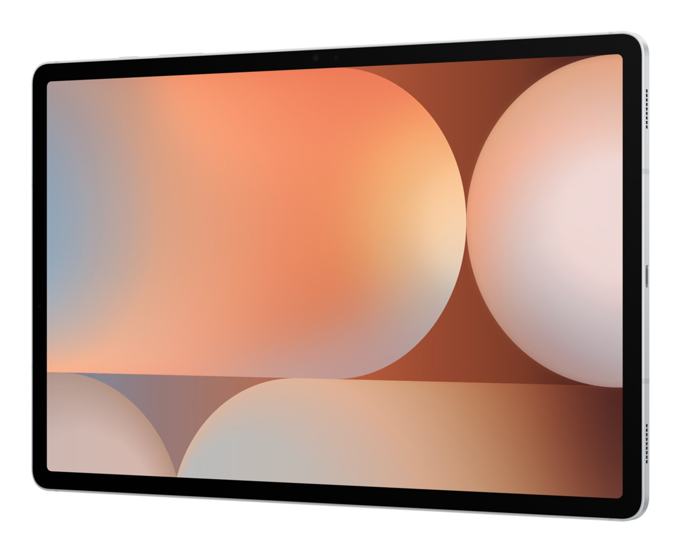 Tablet z czarną ramką wyświetla abstrakcyjne tło z pomarańczowych, brązowych i białych okręgów. Tablet jest srebrny.