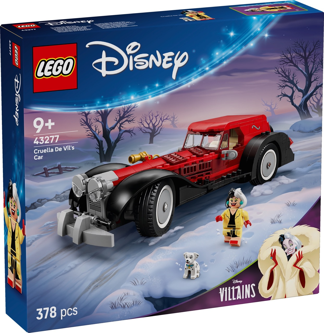 Lego doos van Cruella De Vil's auto. De rode auto heeft zwarte spatborden. Een Lego Cruella en een Dalmatische hond zijn inbegrepen. De achtergrond is besneeuwd.