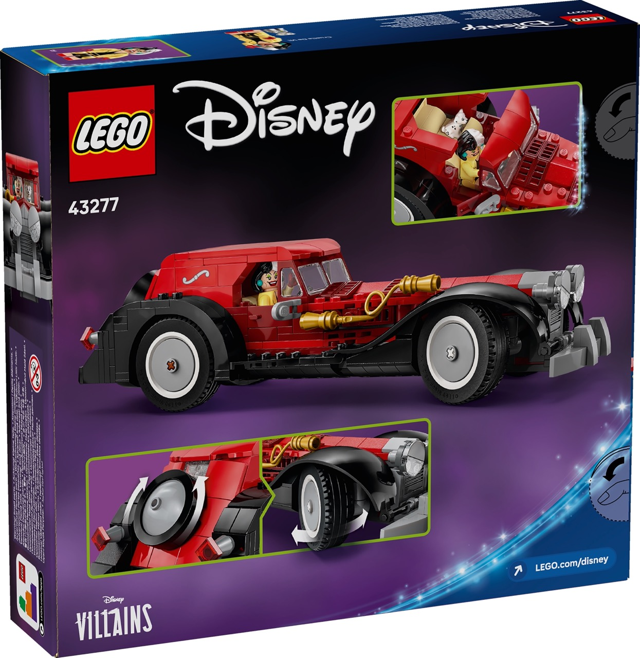 Lego Disney Villains set. Rode en zwarte auto met Cruella de Vil figuur. Doos heeft afbeelding van auto en extra inzet afbeeldingen.